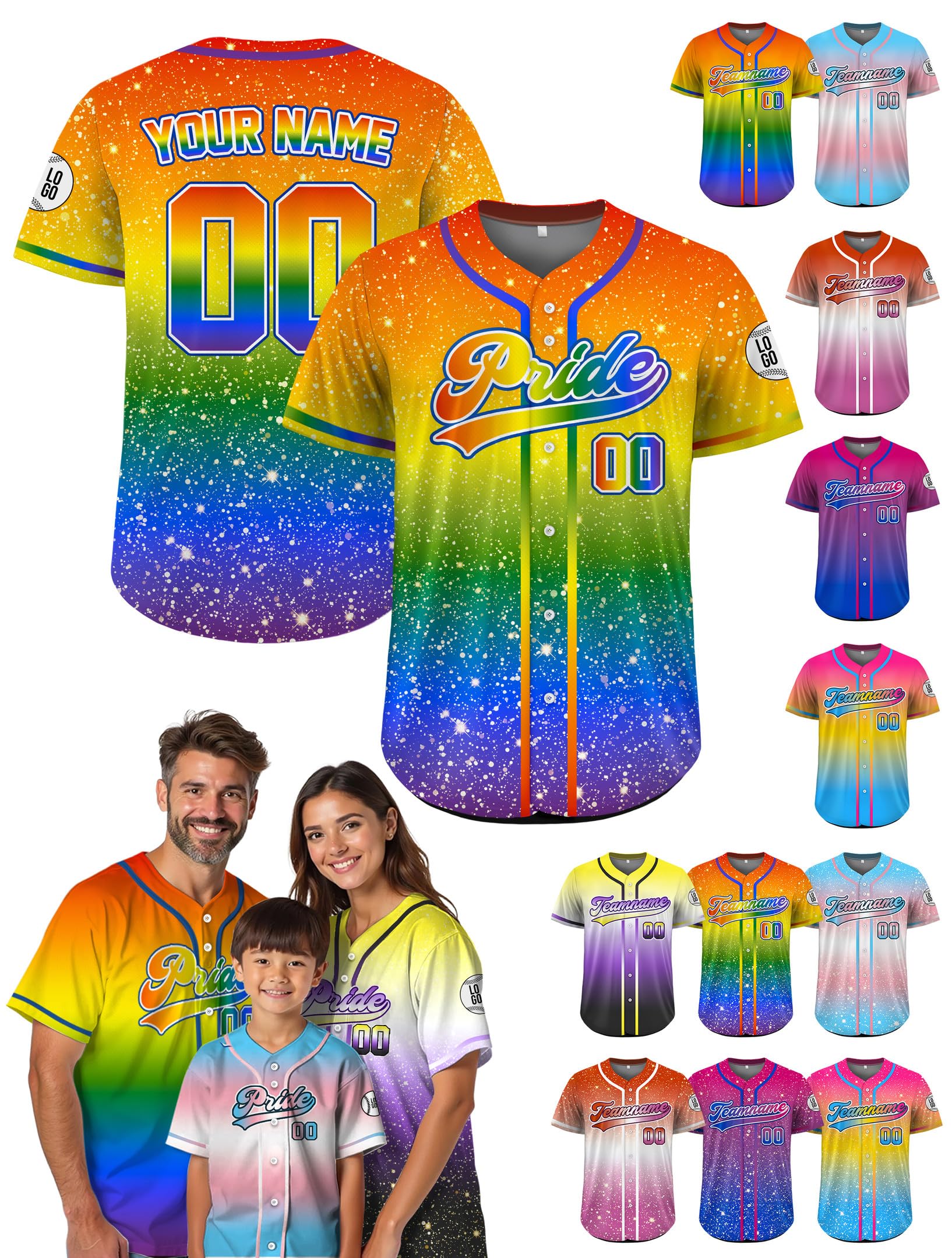 Custom Baseball Jersey – Personalized Name, Number & Logo, LGBT Pride Sports Uniform Pride 7 Baseball Jerseys for Men, Women, Youth, Toddlers