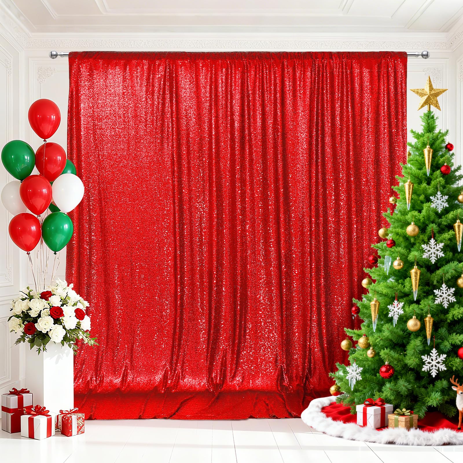 PartyDelight Red Sequin Backdrop 6x8ft - High Density 3mm Shimmer Sequin Background with 4-Inch Rod Pocket, Sparkly Photography Curtain for Birthday,