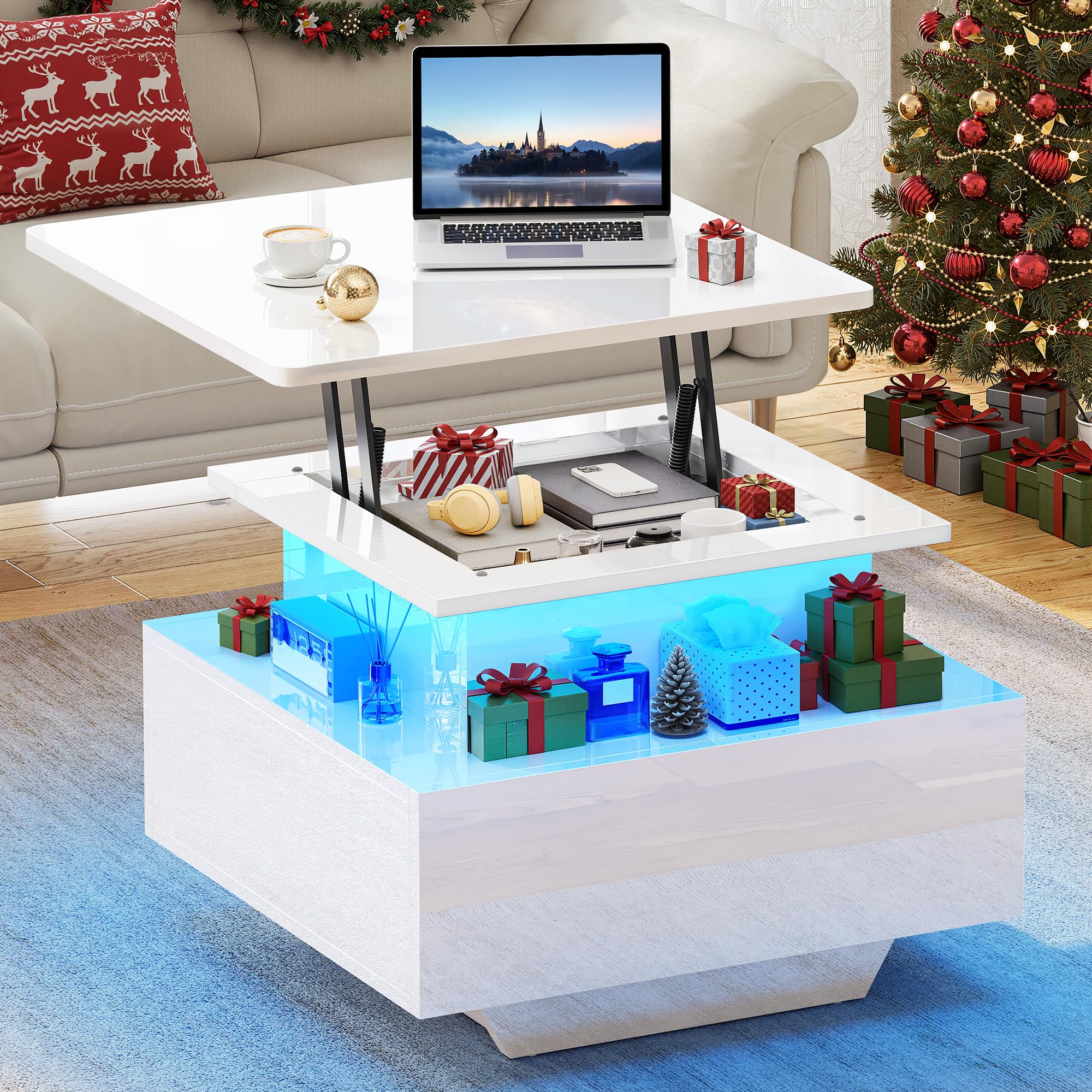 YITAHOME Couchtisch Höhenverstellbar mit LED Beleuchtung Modern, 60x60x45cm, Wohnzimmertisch Hochglanz mit Offenem Ausstellungsregal und 2 Schubladen