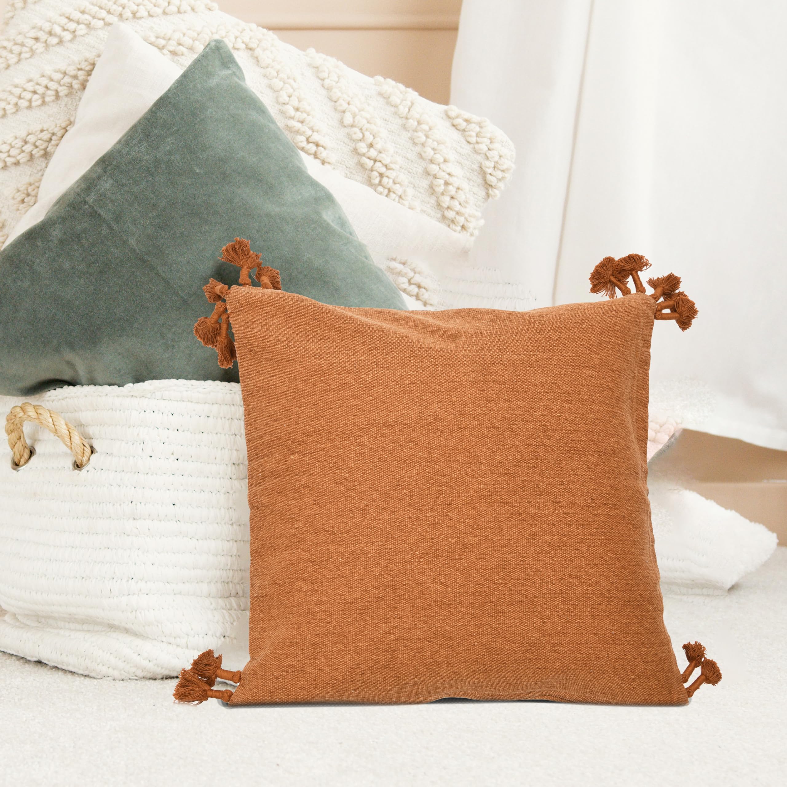 Creative Co-Op 20" Square Canvas Pillow Tassels Decorative Pillow Cover, Rust