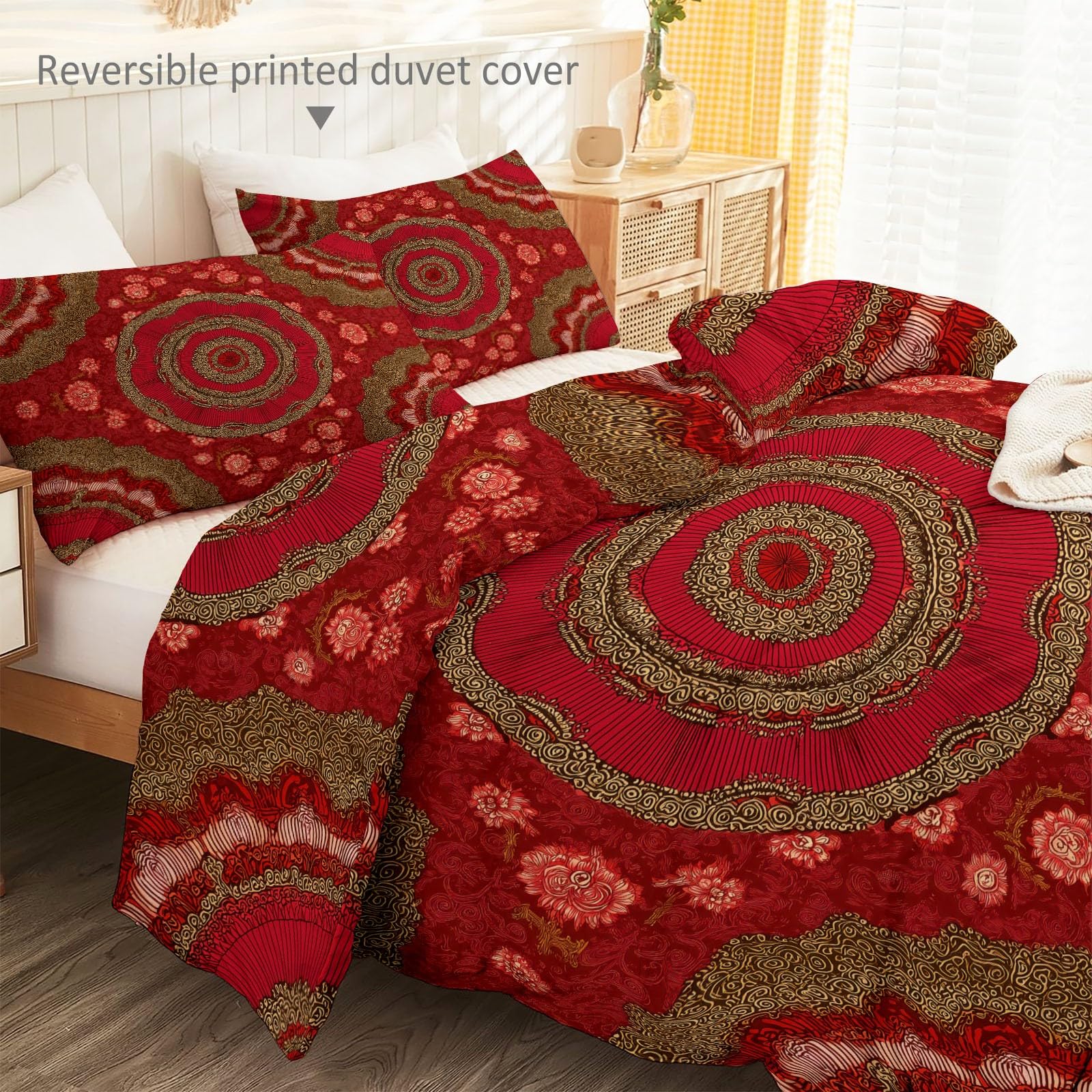 Biancheria da letto per bambini in stile bohémien, motivo mandala, in microfibra morbida e traspirante, 155 x 220 cm, con chiusura lampo e 2 federe da 80 x 80 cm, colore: rosso