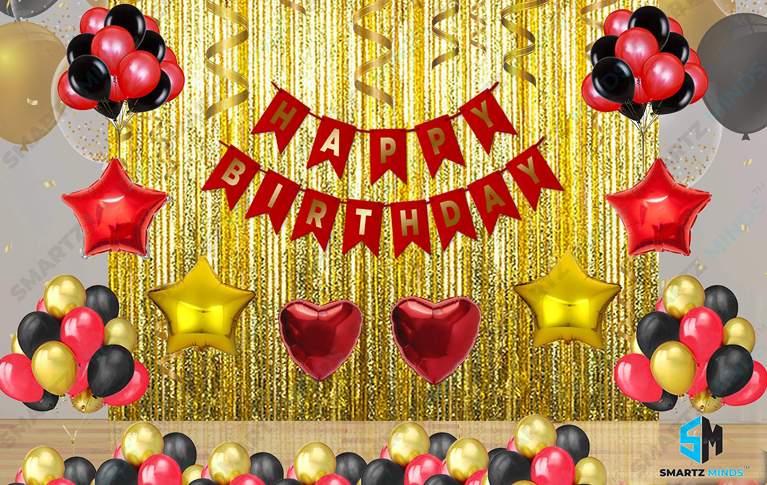 Smartz Minds Happy Birthday Banner for Birthday Decoration Set of 83pcs Kit Combo with Red Birthday Fringe Metallic Latex Balloon Star Heart Foil Fairy Lights Decoration