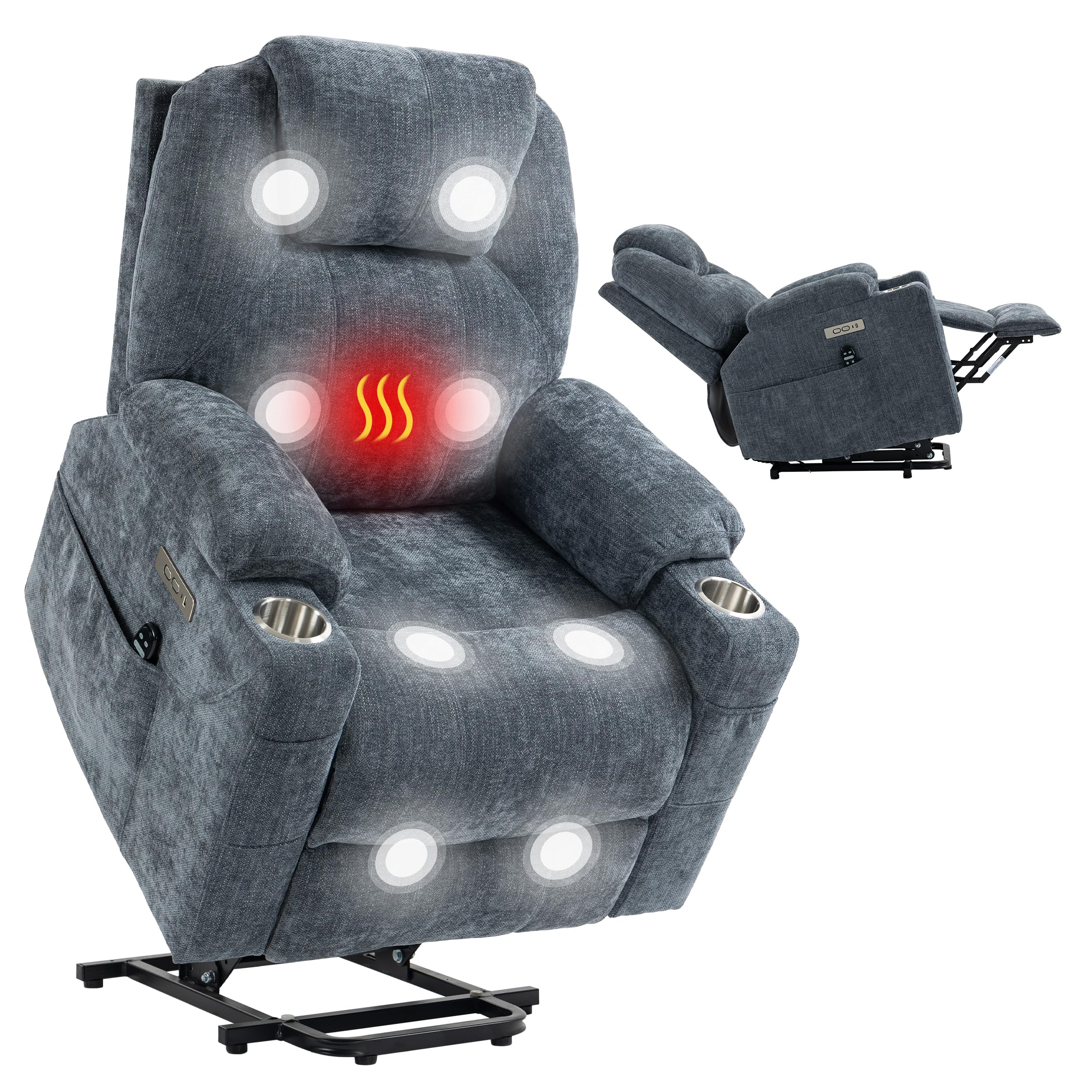 Power Lift Recliner Chair for Elderly, Electric Lift Recliner Single Sofa with Vibration Massage and Lumbar Heating, Reclining Chair with Charging Ports, Chenille Fabric Blue