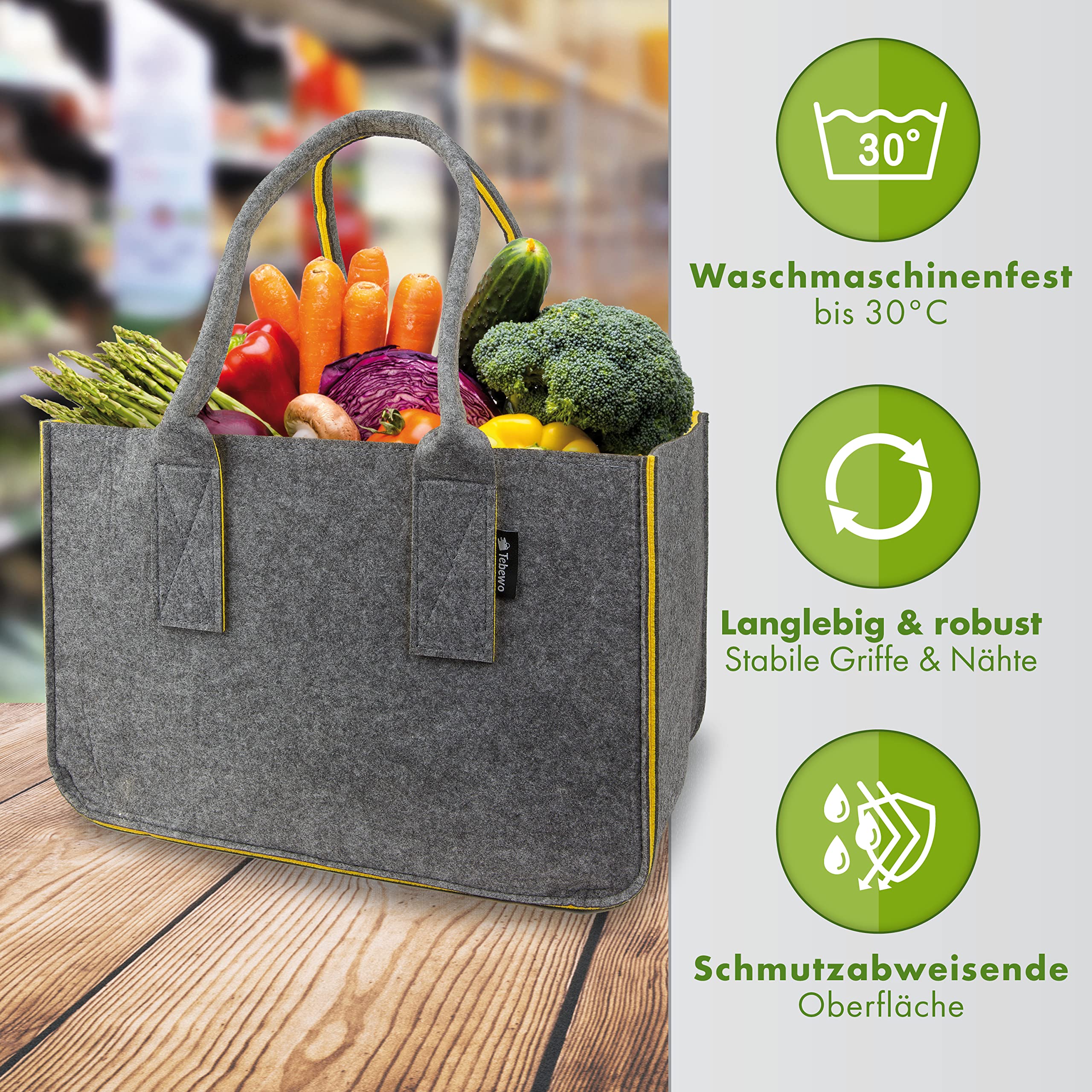 Huiguli 2 Pièces XXL Grand Sac Shopping Feutre 30L, 40x27x27cm Sacs Courses Pliables En Feutr, Sac Feutre Shopper Mit Compartiment Pour Shopping Camping Aux Voyages Jouets, Sac à Bois De Cheminée