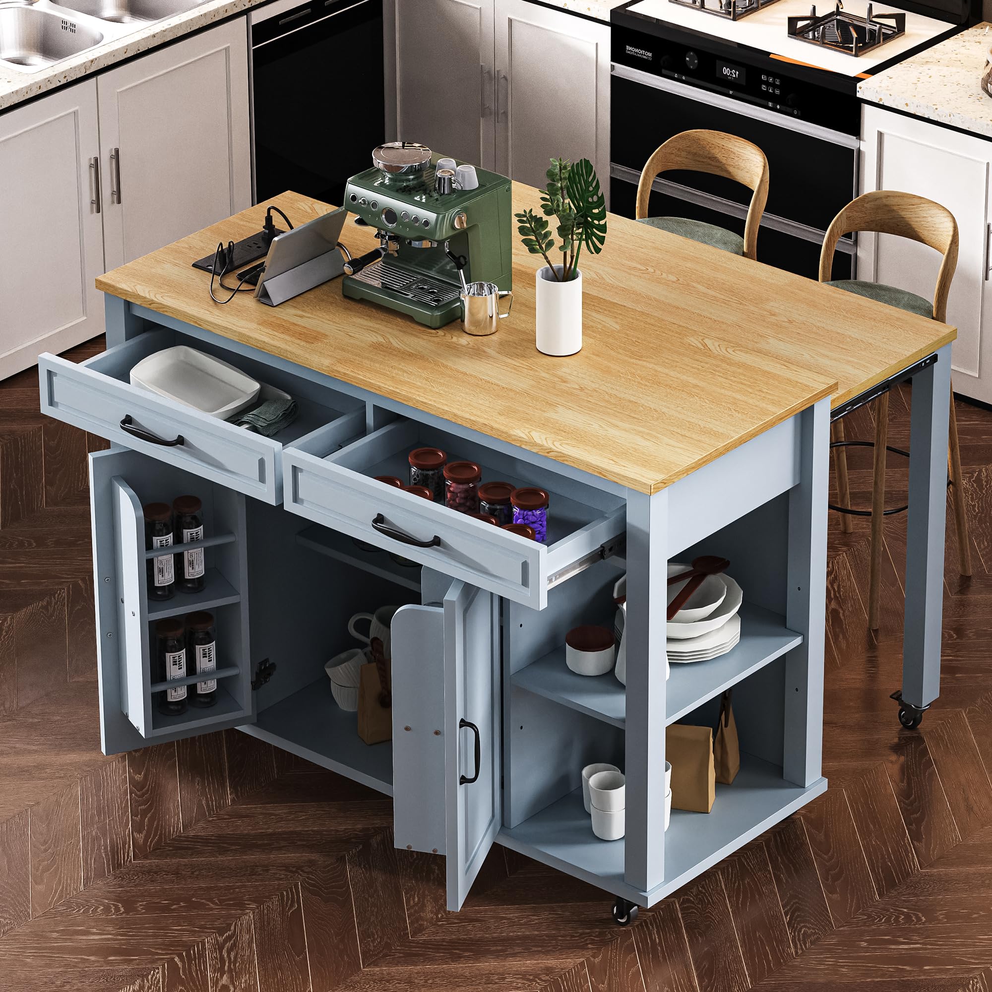 Ball & Cast Kitchen Island with Extendable Dining Table,Rubber Wood Veneer Kitchen Table W/Internal Storage Rack,Power Outlet & USB Ports,Kitchen Cart