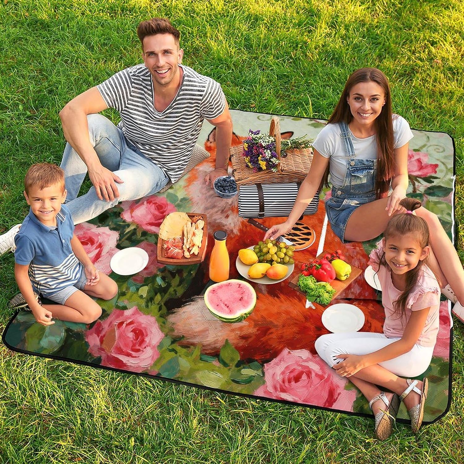 Flowers and Foxes Picnic Blanket with Zipper Water Resistant Sand Free Picnic Mat Washable Foldable Easy Carry Beach Blanket for Lawn Beach Hiking Camping