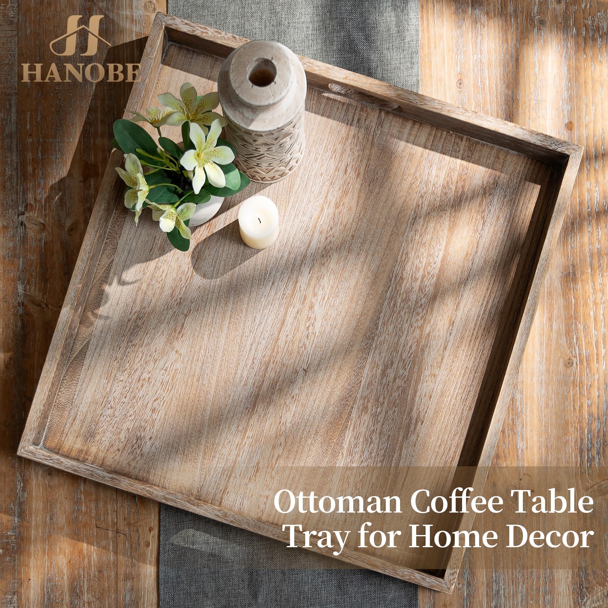 Hanobe Bandeja de servir otomana grande: bandejas decorativas de madera para sala de estar sobre reposapiés, cuadrada rústica marrón extra XXL, bandeja de madera para decoración de mesa de café, 56 cm