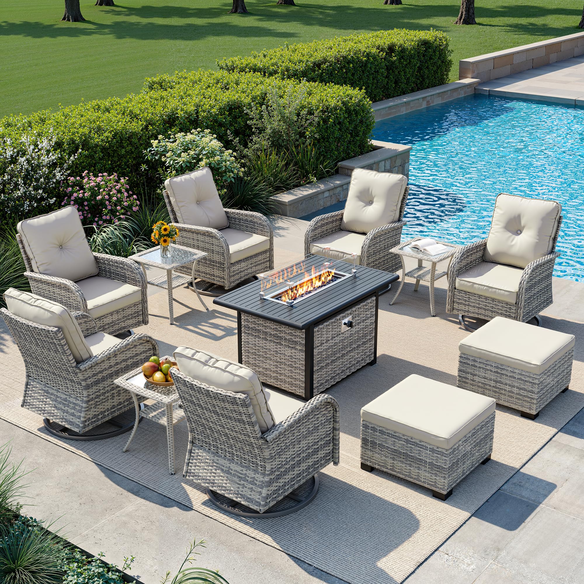 12-Piece Small Patio Furniture Set, Outdoor Swivel Rocking Chairs Set with 55,000 BTU Fire Pit Table Wicker Chairs and Ottomans, Patio Bistro Set for Balcony, Deck, Porch, Ivory