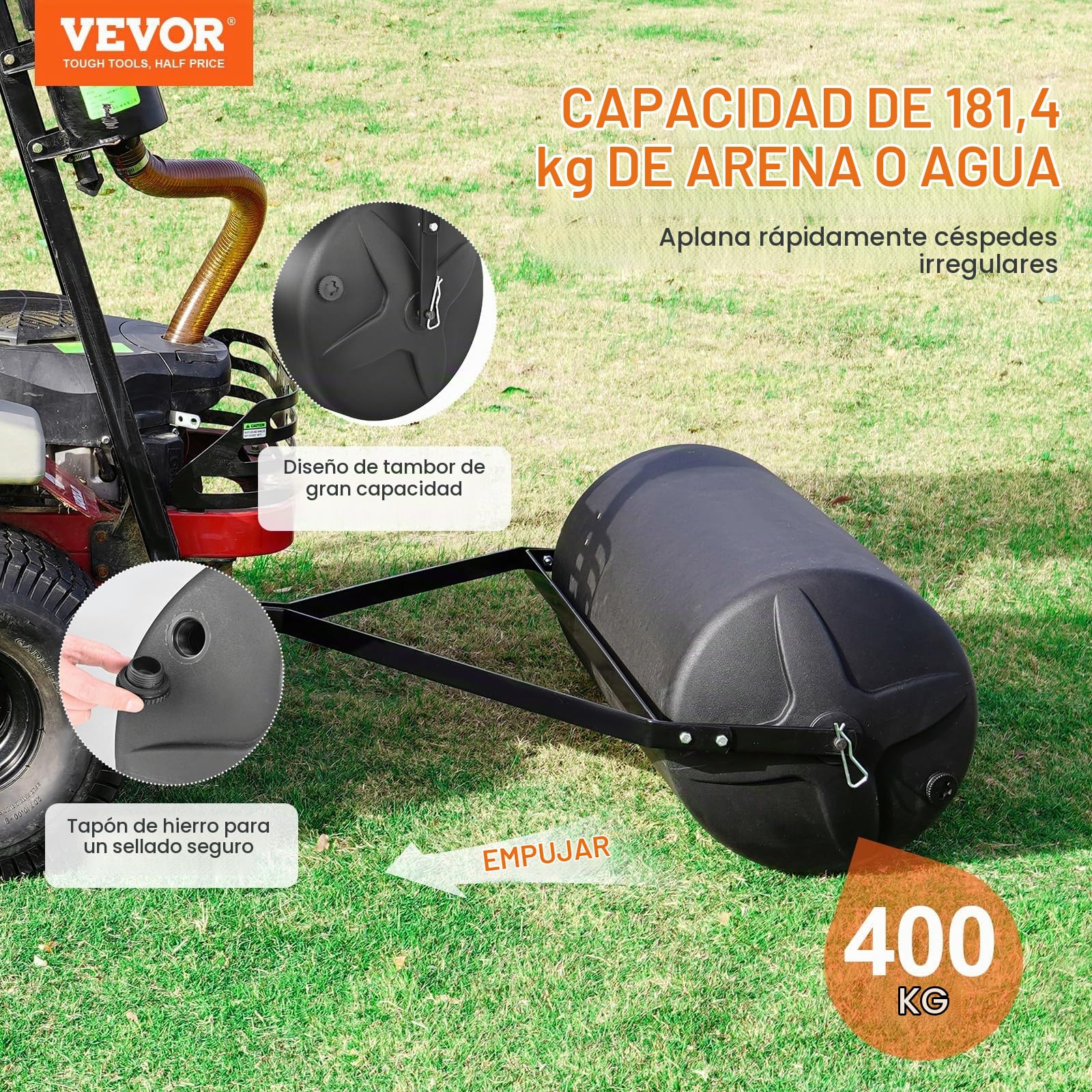 VEVOR Rodillo para Césped 400 Libras 181 L Rodillo para Jardín Relleno de Arena/Agua LLDPE Rodillo para Césped Marco de Acero con Tapa Fácil Giro Remolque Detrás del Tractor ATV para Jardín Granja