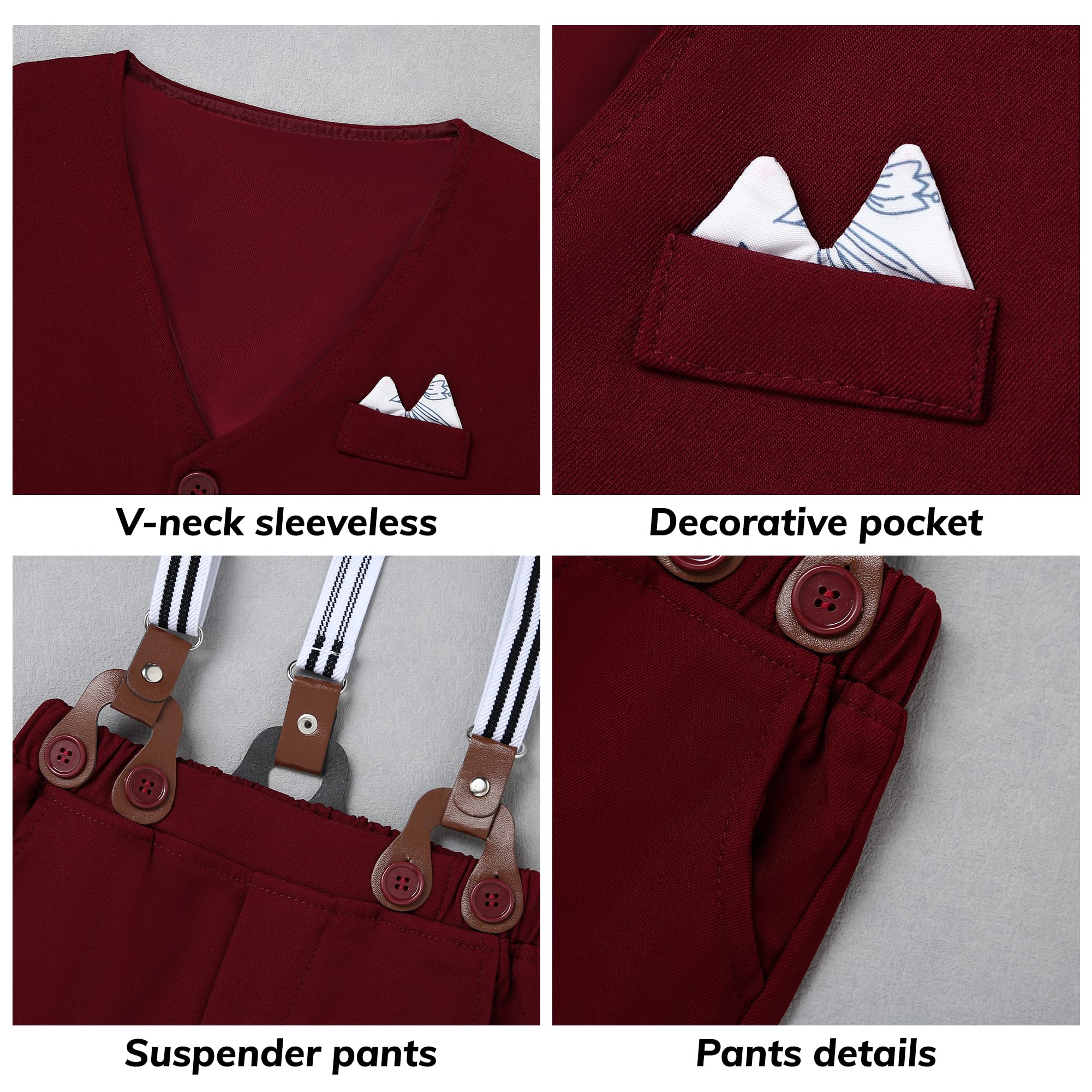 Traje de ropa para bebé niño de 12 meses a 5 años, camisa de vestir formal + pajarita + pantalones de tirantes para caballero