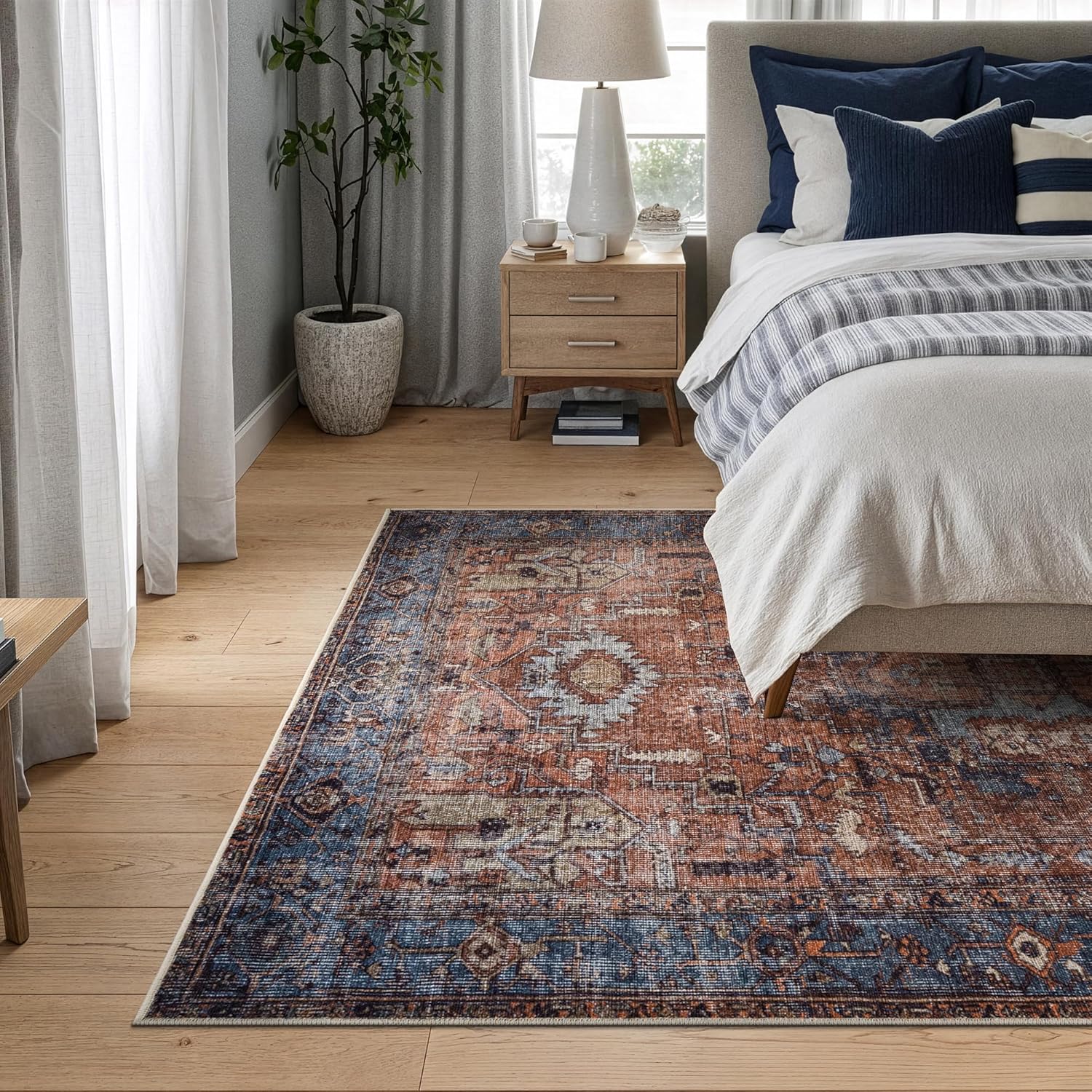 Bloom Rugs Washable 4' x 6' Rug - Terracotta/Blue Traditional Area Rug for Living Room, Bedroom, Dining Room, and Kitchen - Exact Size: 4' x 6' 4' x 6' (Rectangular) Terracotta / Blue
