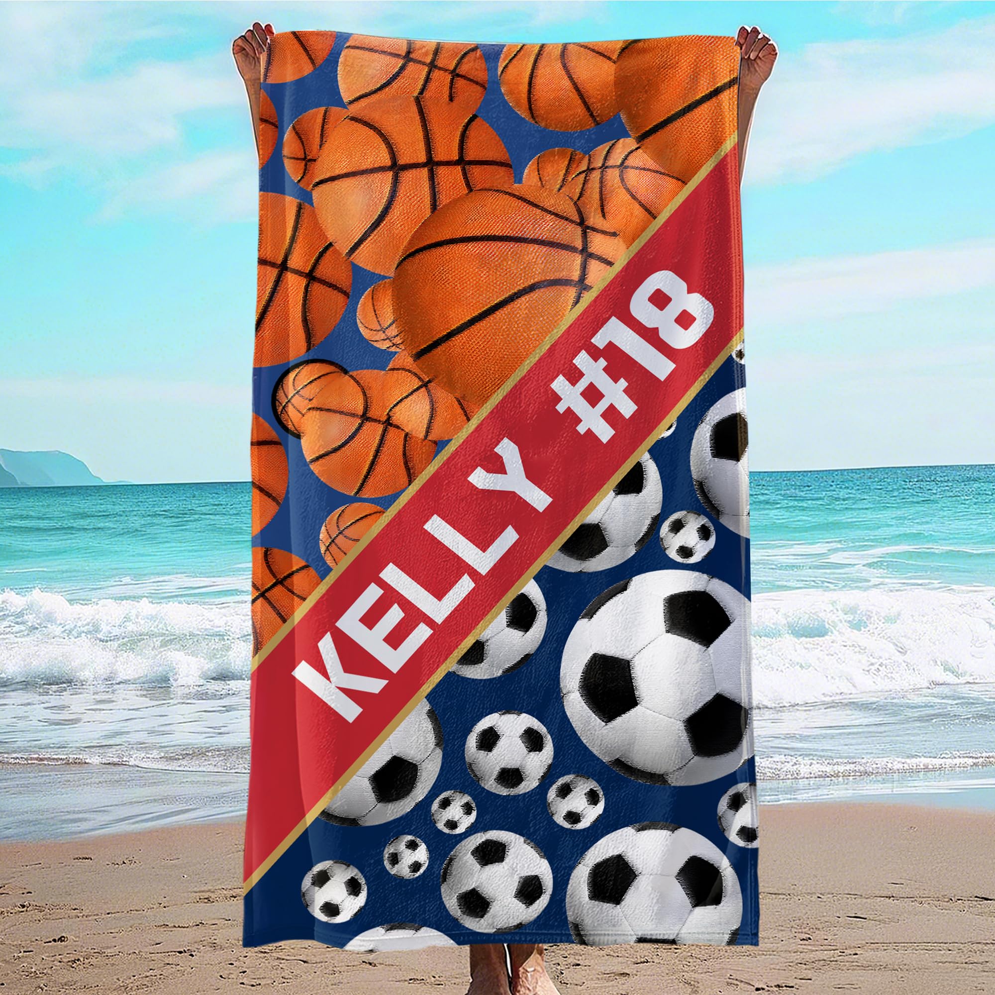 Personalized Beach Towel With Name, Custom Beach Towel with Text, Customized Basketball Football Microfiber Pool Towel, Quick Dry & Absorbent Swim
