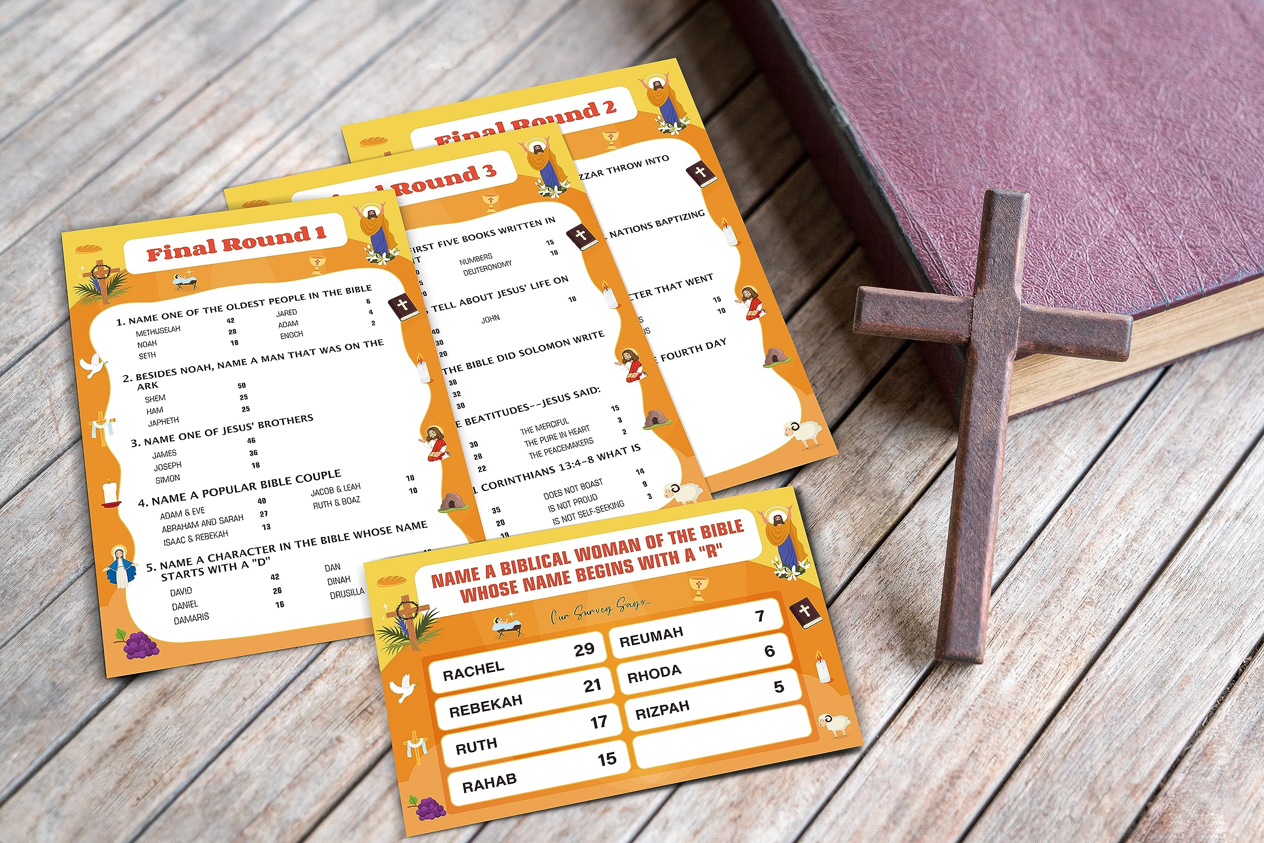 O4 Juegos de la Biblia para adultos y familia – Estudio bíblico, trivia y divertida noche de juegos familiares – 15 tarjetas de juego + 3 tarjetas de instrucciones (idioma español no garantizado)