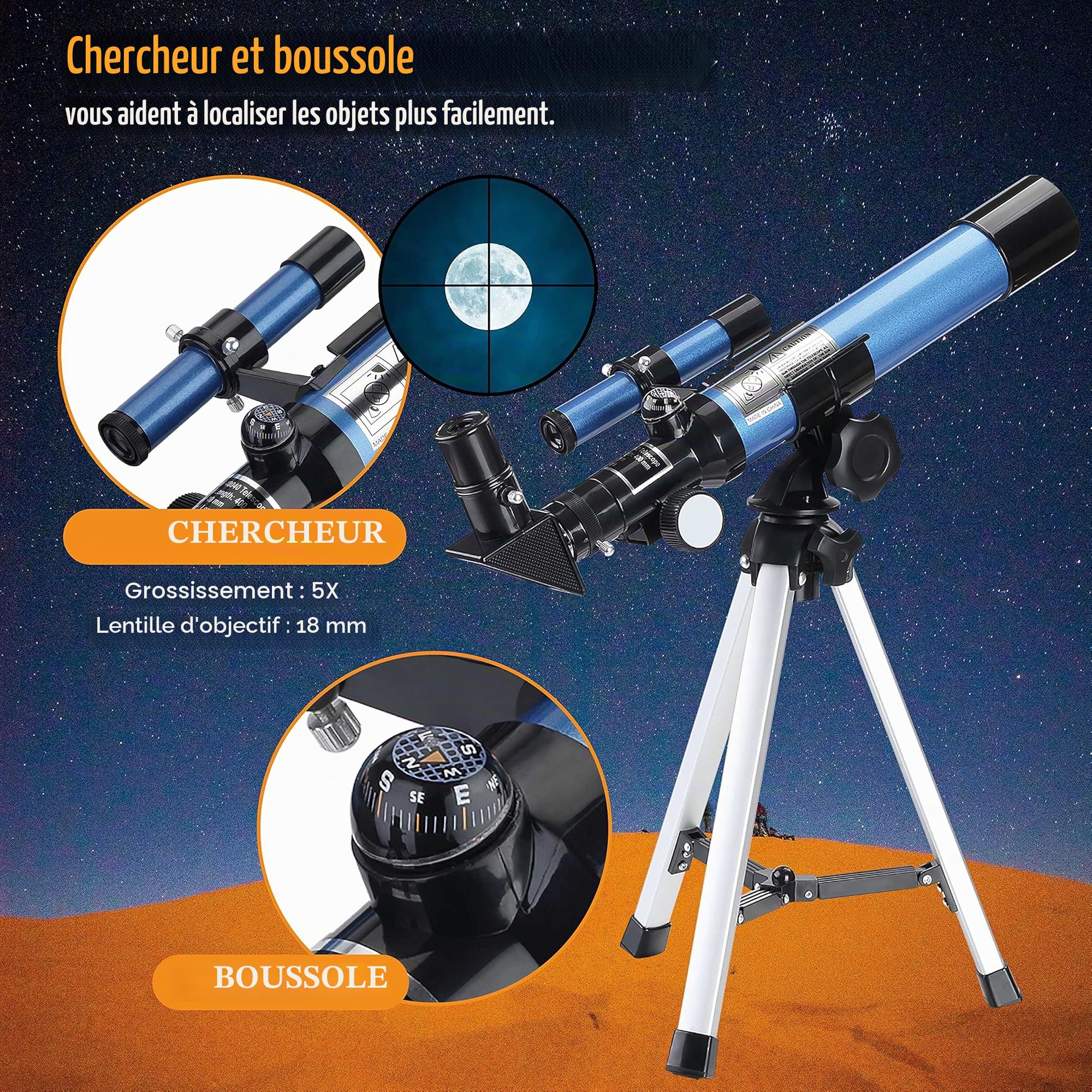 Aomekie Télescope Astronomique Enfant 32X, Trépied de Table Inclus, Cadeau d’Anniversaire & Noël, Idéal pour Cultiver l’Intérêt Astronomique des Débutants