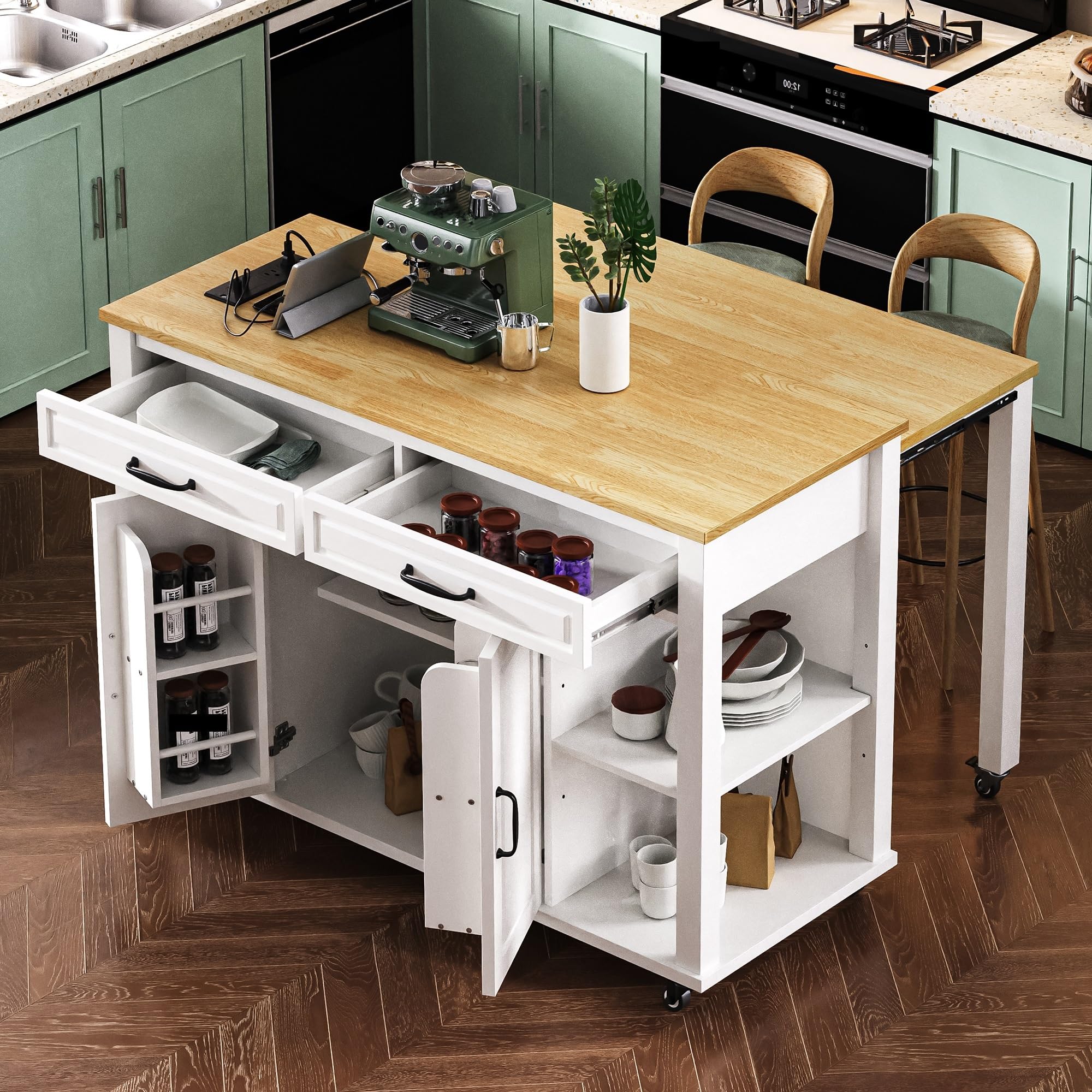 47" Kitchen Island with Extendable Dining Table, Rubber Wood Veneer, Internal Storage Rack, Power Outlet, 2 Drawers Cabinet - Versatile Kitchen Furniture Solution