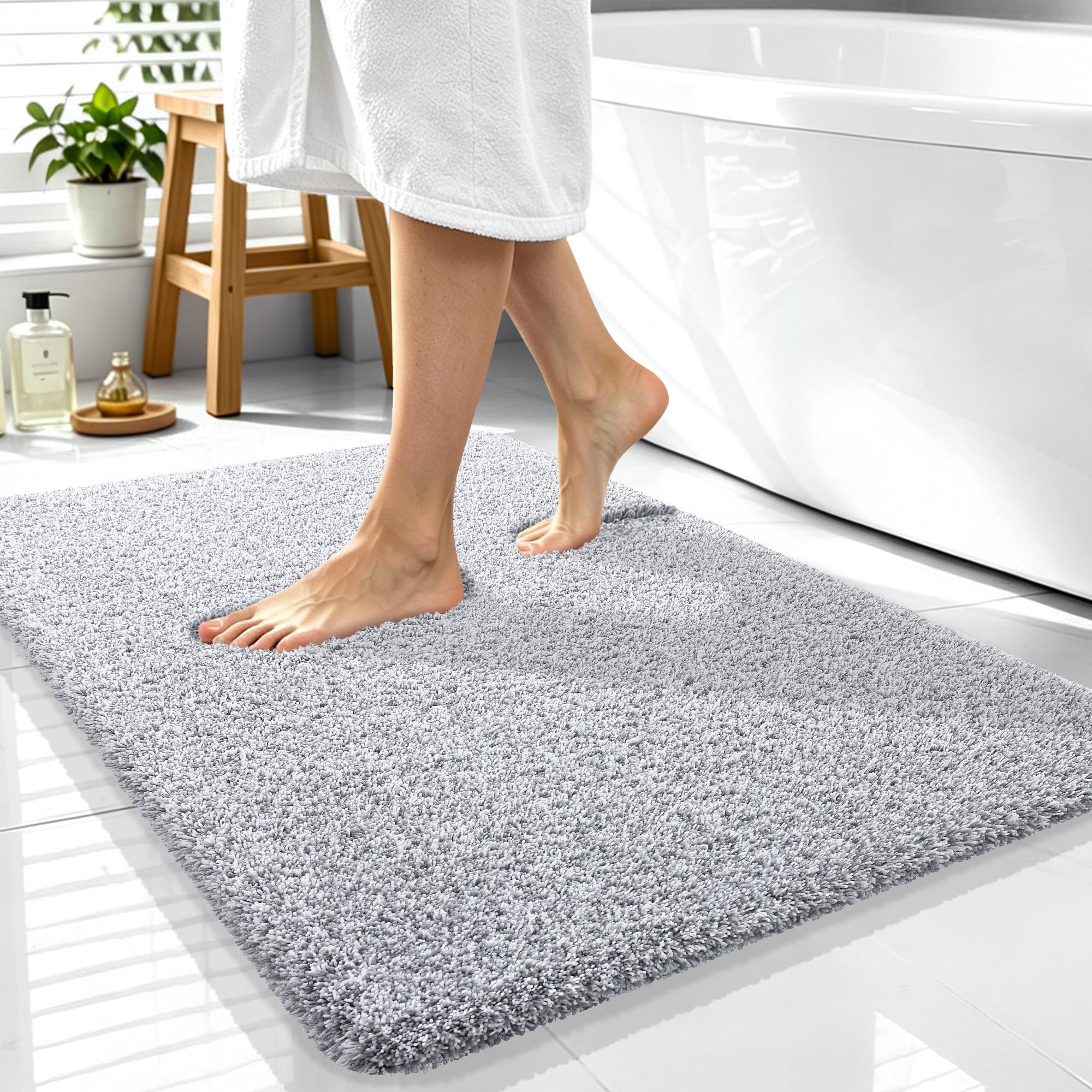 OLANLY Microfiber Bathroom Rugs 40x32, Quick Dry Bath Mat, Grey and White