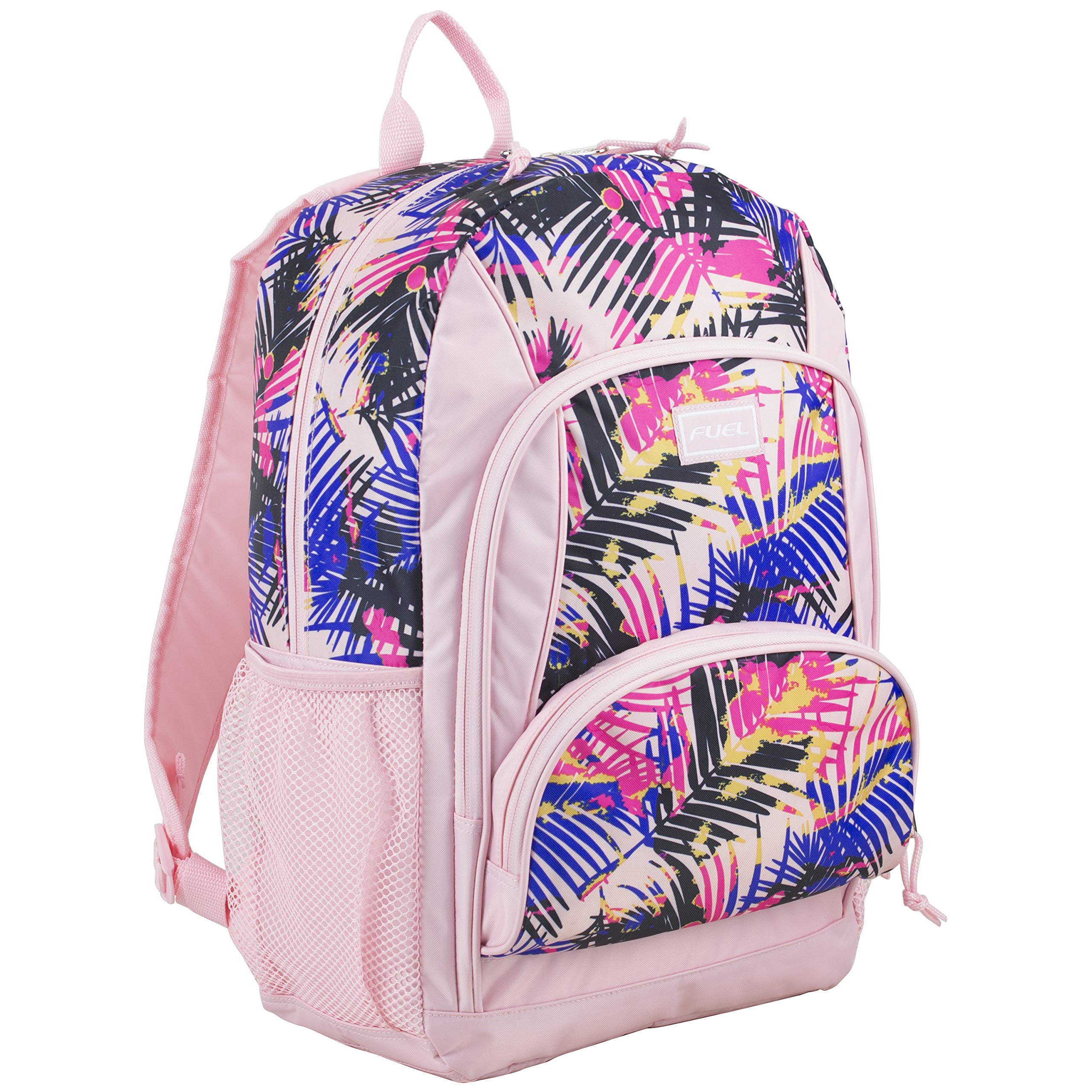 FUEL Multi Pocket Backpack with Fun Prints, Casual Daypack, Multipurpose Bag - Rose Sand/Tropical Palm Print
