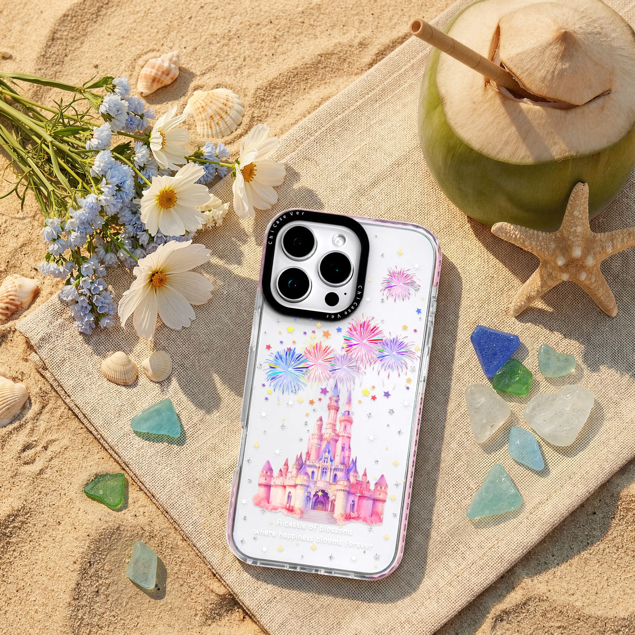 Funda para iPhone 16 Pro, diseño artístico de fuegos artificiales de castillo de ensueño para mujeres, niñas y adolescentes, bonita funda protectora de TPU suave y delgada para iPhone 16