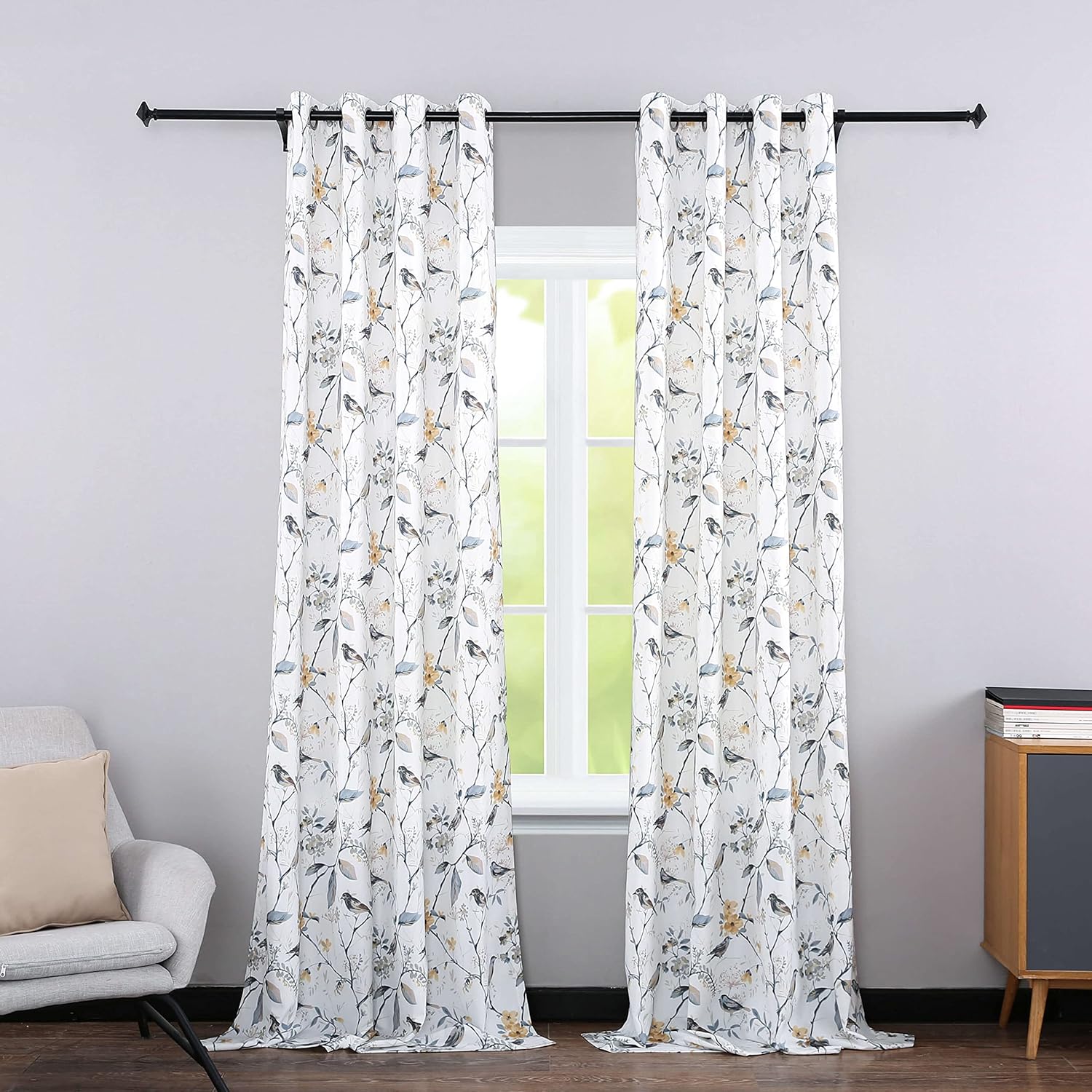 Leeva Window Treatment Curtain for Dorm and Sliding Door, Classic Birds and Leaves Print Pattern Bedroom Grommet Top Drapes for Living Room, 2 Panels, 52 x 96