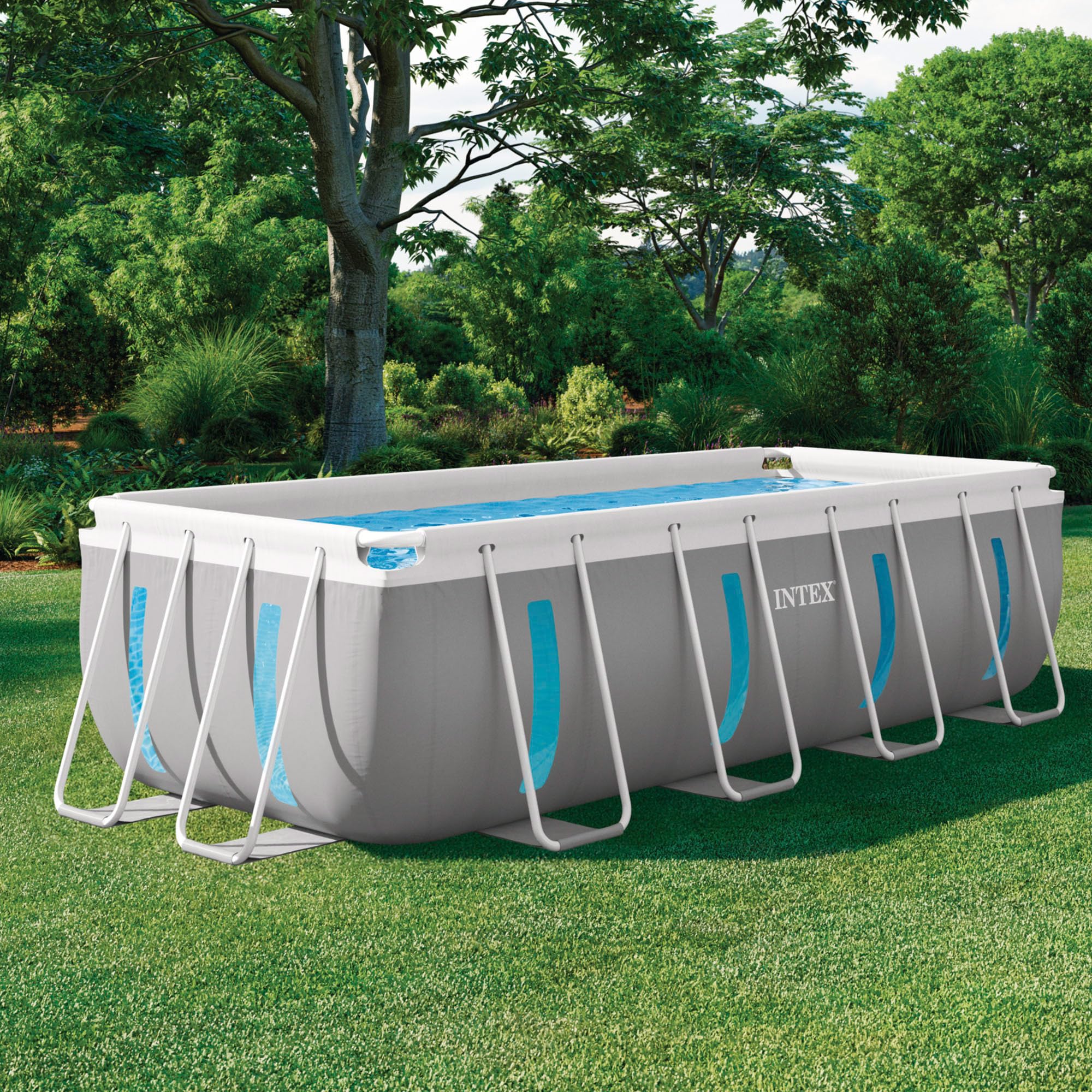 INTEX Piscina Desmontable Rectangular, Modelo Prism Frame Premium, 400x200x122 cm, Material Triple Capa, Capacidad 8.418 L, Ventanas Laterales, Tapiz, Cobertor, Depuradora, Escalera (56029)