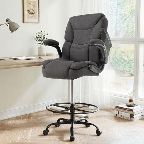 Ergonomic Drafting Chair, Tall Office Chair for Standing Desk, High Back Standing Desk Chair with Flip-Up Armrest, Adjustable Height & Foot Ring, Executive Extended Height Office Chairs, Matte Black