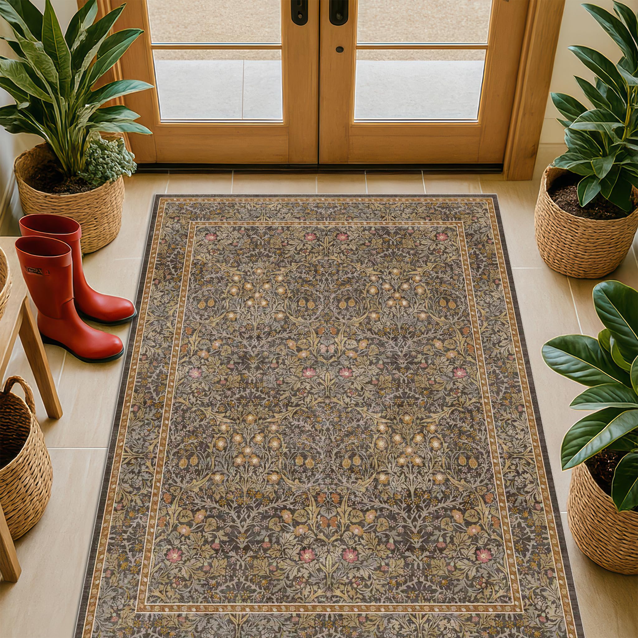 Vintage Floral Brown 3x5 Area Rugs for Entryway, Kitchen, Bathroom, Bedroom Beside Rug, Laundry Room, Non-Slip Low Pile Ultra Soft Stain Resistant