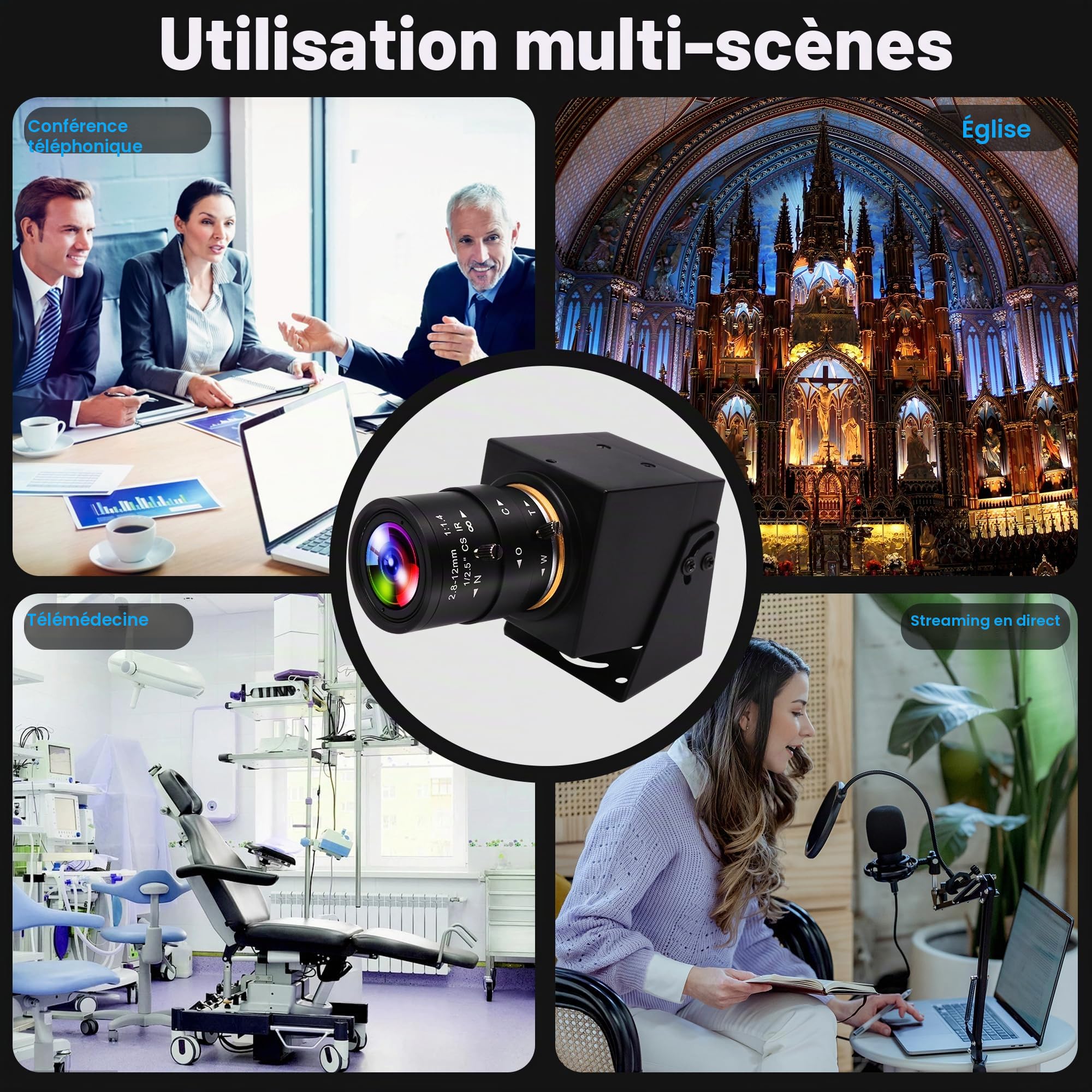 ELP Caméra USB 4K HDMI Grand Angle 2,8-12 mm Objectif Varifocal Focus Webcam Caméra de Gros Plan Prise en Charge H.265, Ultra HD 2160P Webcam avec capteur IM415 pour Ordinateur en Direct réunion