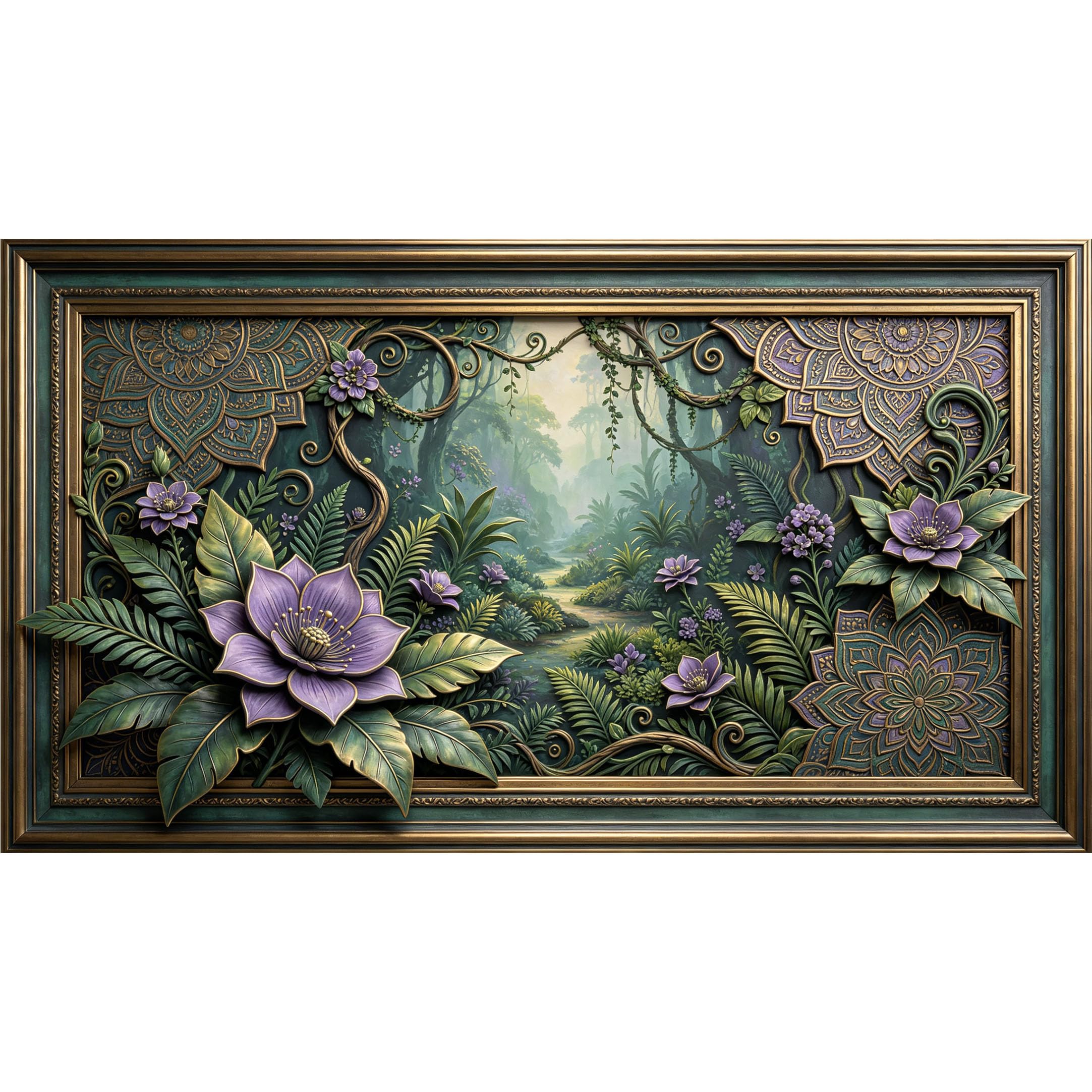 QZLITHOTIC 50×90cm3D Framed Wall Art， Tropical Botanical Violet Flower Vines SelfAdhesive Mural， WaterActivated Peel & Stick Fabric Decor Wall Decal for Bedroom Living Room