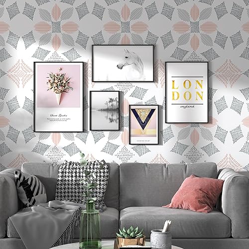 Miniatura 6 de Papel tapiz moderno extraíble para despegar y pegar, 17.3 x 197 pulgadas, color rosa y gris, papel tapiz autoadhesivo para dormitorio, papel de