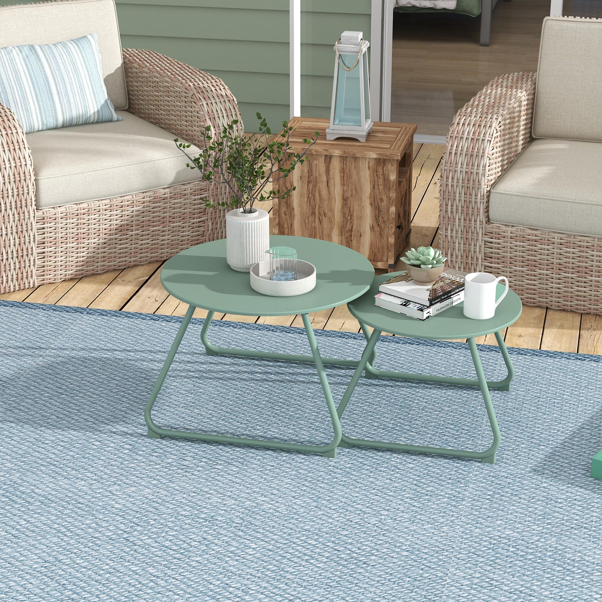 Outsunny Lot de 2 Tables Basses Rondes gigognes empilables de Jardin métal époxy, Table d'Appoint Stable pour extérieur Ø60 et Ø48 cm, Vert