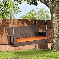 Vista 2 de Outsunny Banco colgante de mimbre para 2 personas, silla de columpio para porche delantero al aire libre con cojines, capacidad de peso para patio