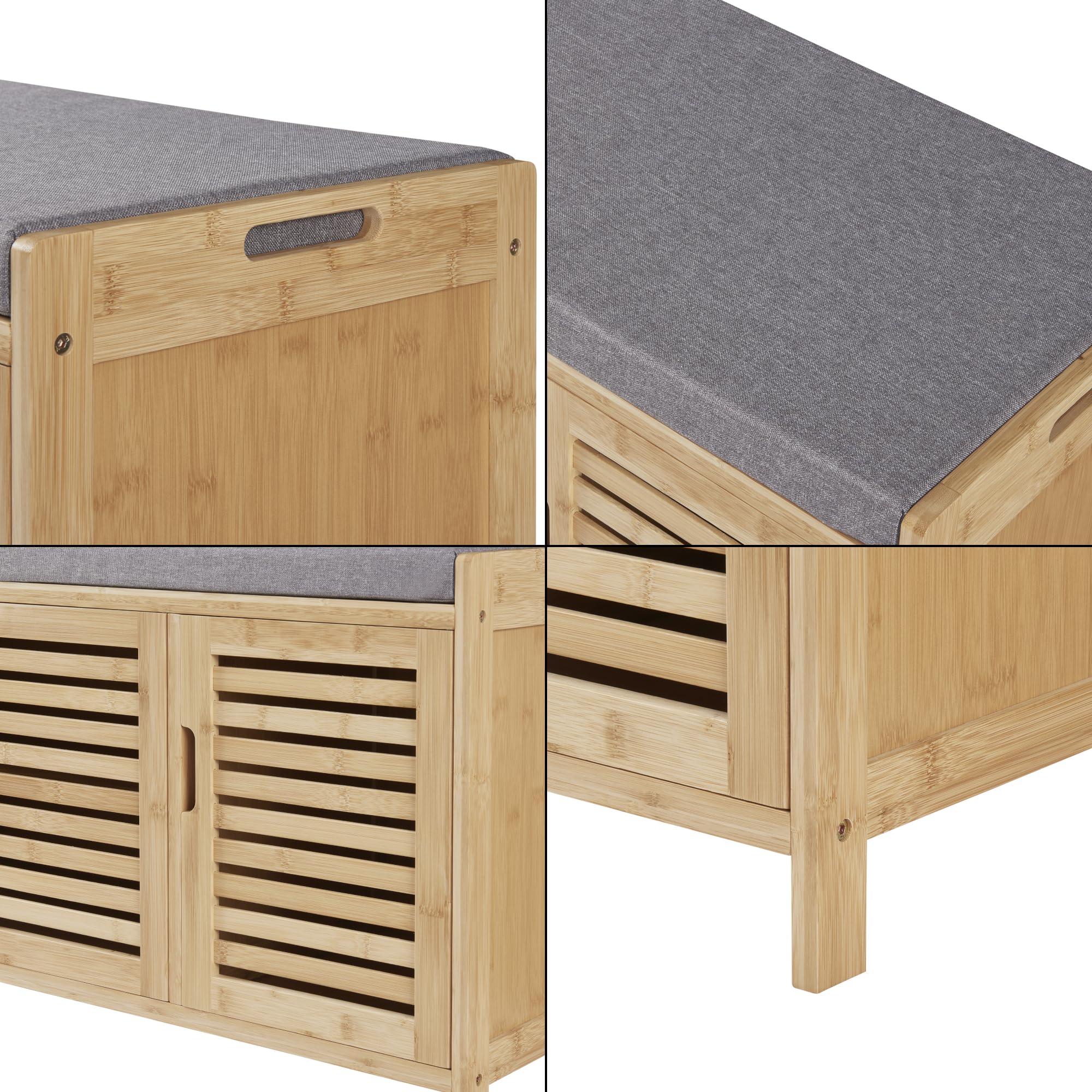 [en.casa] Panca Contenitore Scarpiera Panchina con Scomparti Portascarpe e Ante Seduta Imbottita color Grigio Struttura in Bambù color Naturale