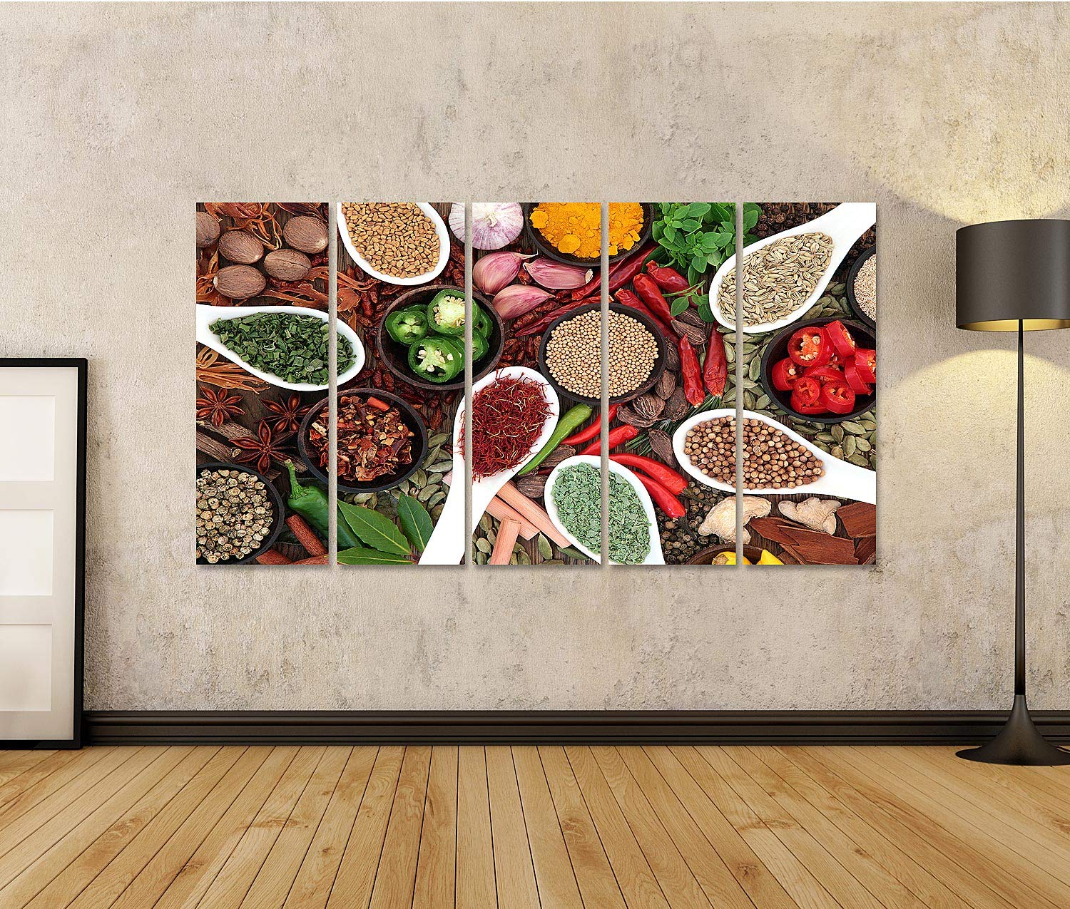 islandburner Quadro su tela Grande collezione di spezie ed erbe in ciotole e cucchiai che formano uno sfondo astratto Stampe Arte Poster Murale
