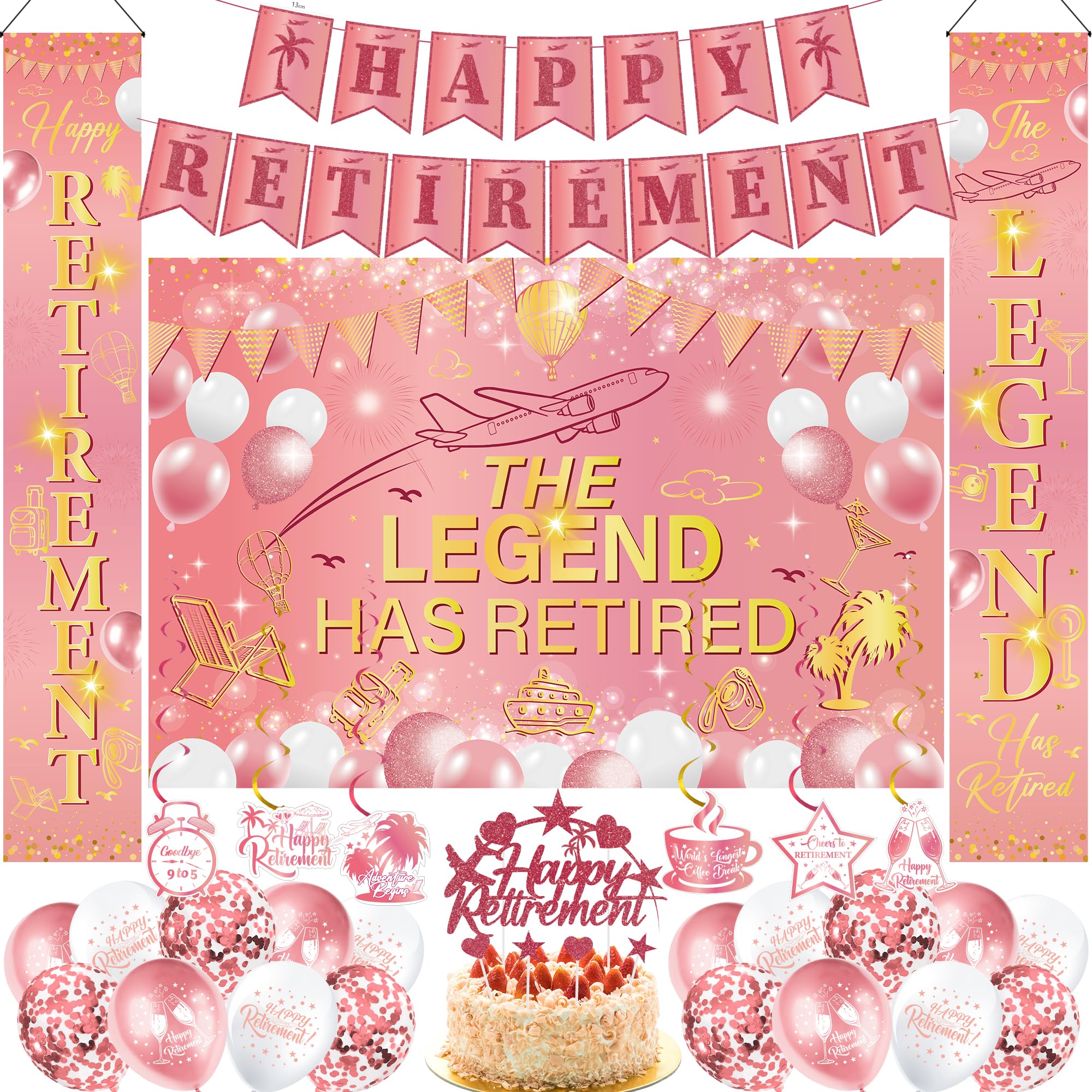 Happy Retirement Party Decorations Supplies - 34 Pcs Pink Gold The Legend Has Retired Banners Door Banner Hanging Swirls Balloon Cake Topper for Her Women Retire Theme Party Set