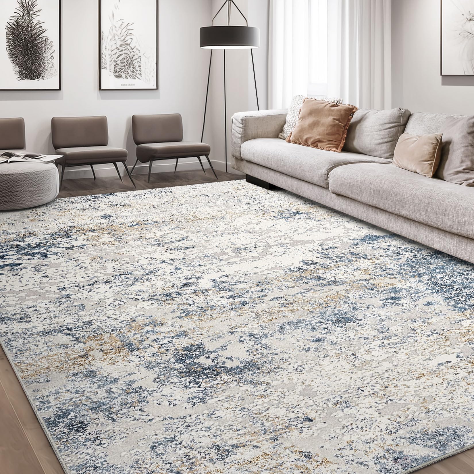 area rug living room rugs - 10x14 abstract large soft indoor washable rug neutral modern low pile carpet for bedroom dining room farmhouse home office - beige blue