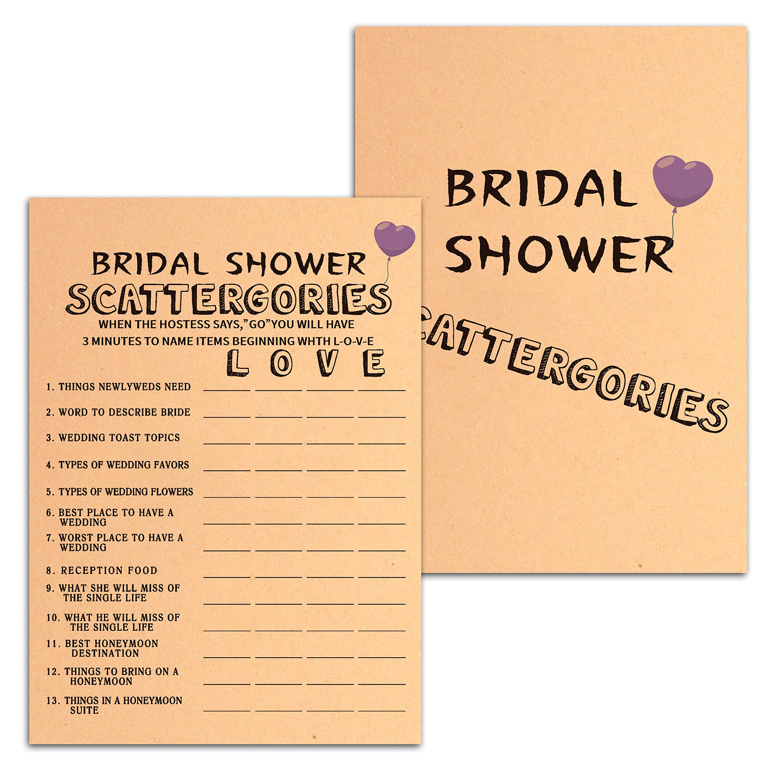 Amazon.com: Bridal Shower Scattergories - Funny Q & A Games Kraft Parper  Cards 5"x 7"- Funny Games Ideas For Bridal Wedding Shower or Bachelorette -  30 Count Game Cards (HLyxk11) : Home