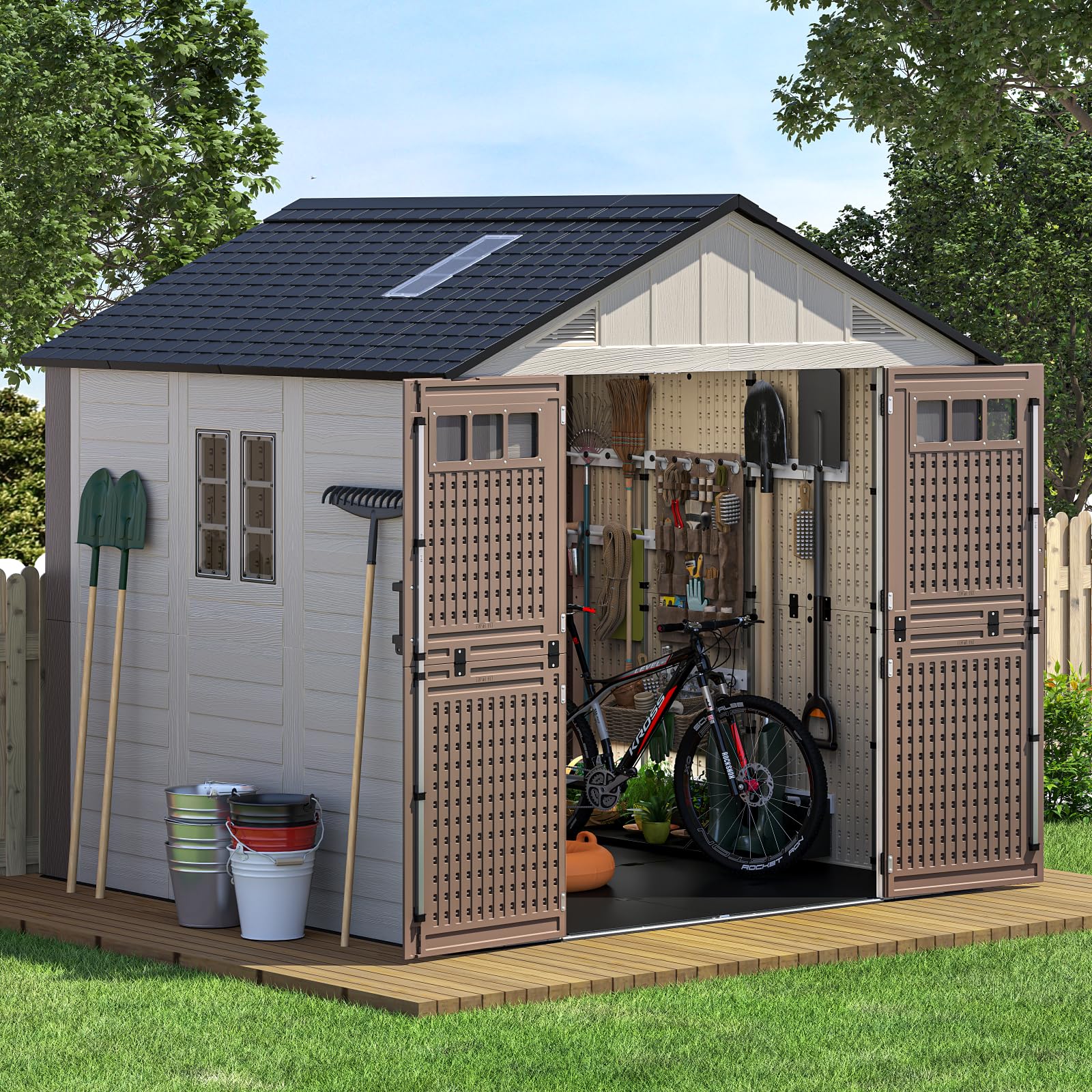 8x8 Ft Outdoor Storage Shed with Floor, Large Resin Outdoor Shed with Lockable Doors, 3 Fixed Windows &amp; 2 Skylights, HDPE Garden Sheds for Backyard, Lawn Tools, Pool &amp; Bike Supplies, Khaki