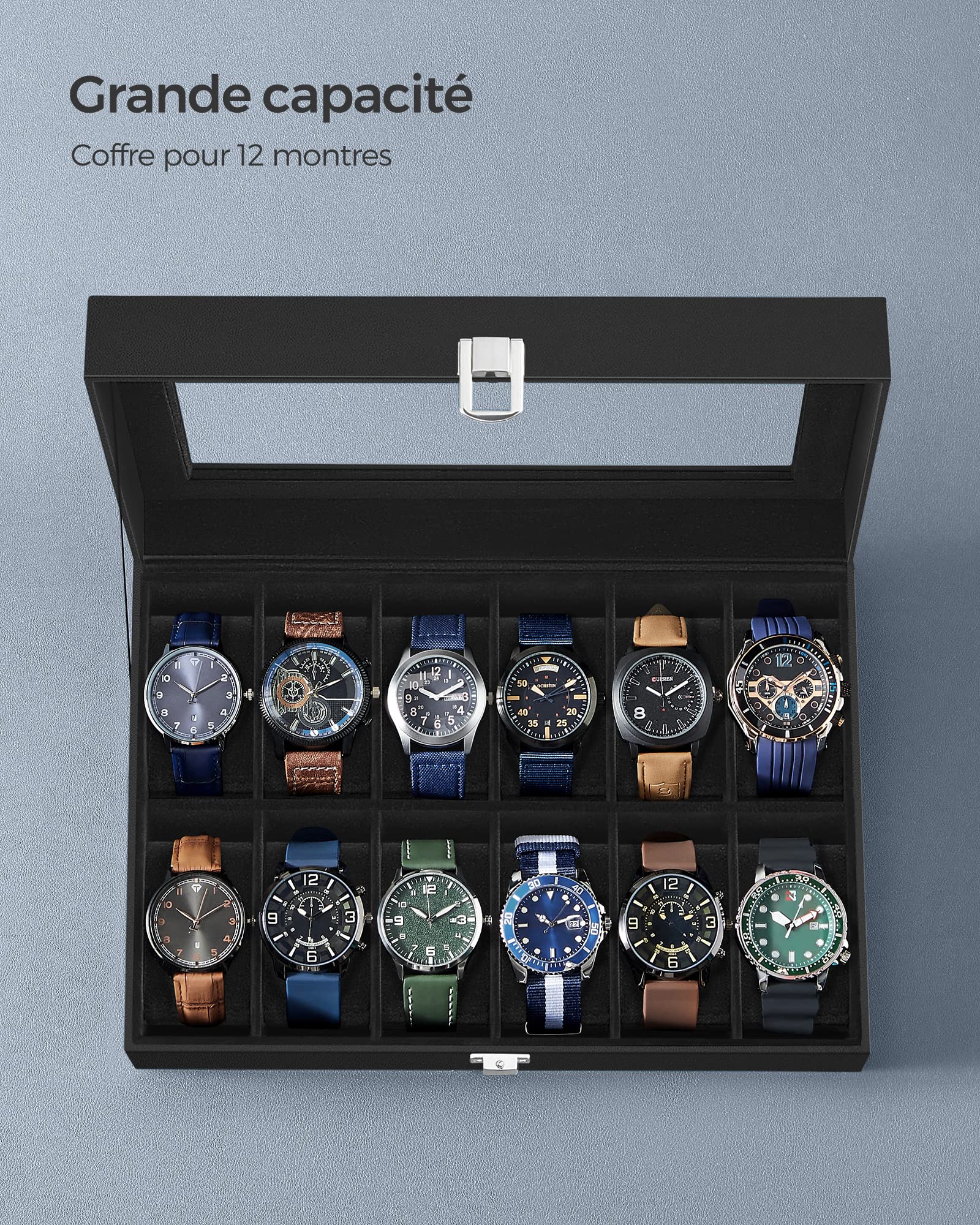 SONGMICS Boîte à Montres, 12 Emplacements, Coffret à Montres, Écrin, Couvercle en Verre, Coussinets Amovibles, Serrure en Métal, Revêtement en Noir et Doublure en Noir JWB12B