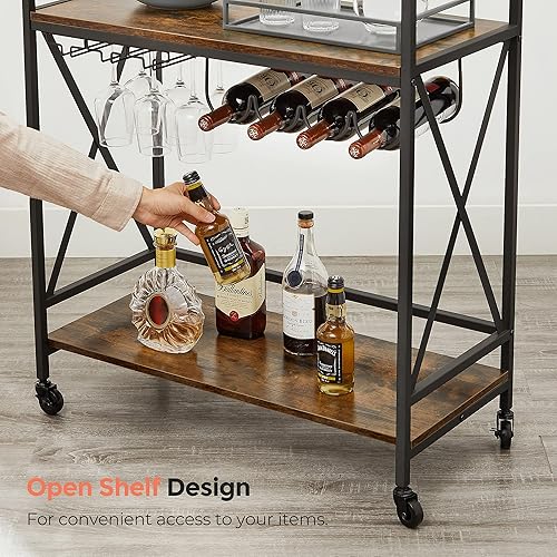 Miniatura 9 de VASAGLE Carrito de bar carrito de servir estante de cocina móvil con estante de vidrio para vasos y soportes para botellas de vino industrial marrón