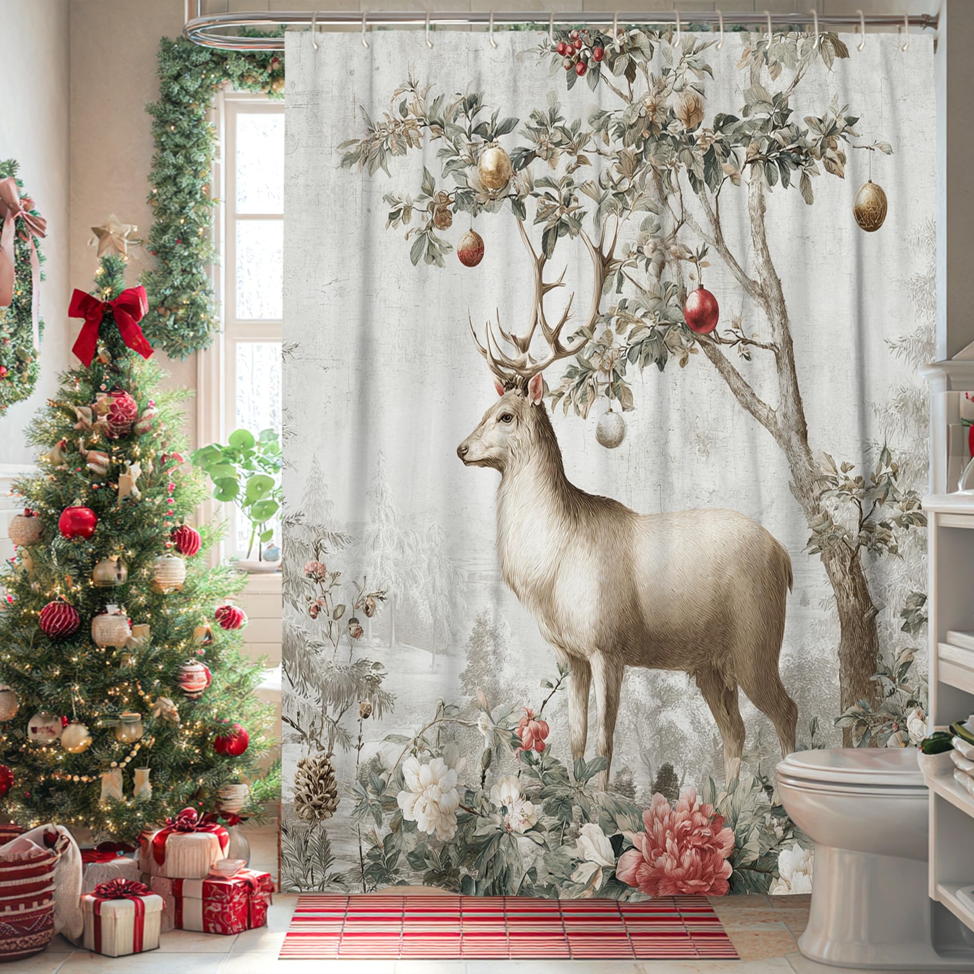 Rideau de douche extra long 183x243 cm cerf et fleurs rustiques pour salle de bain