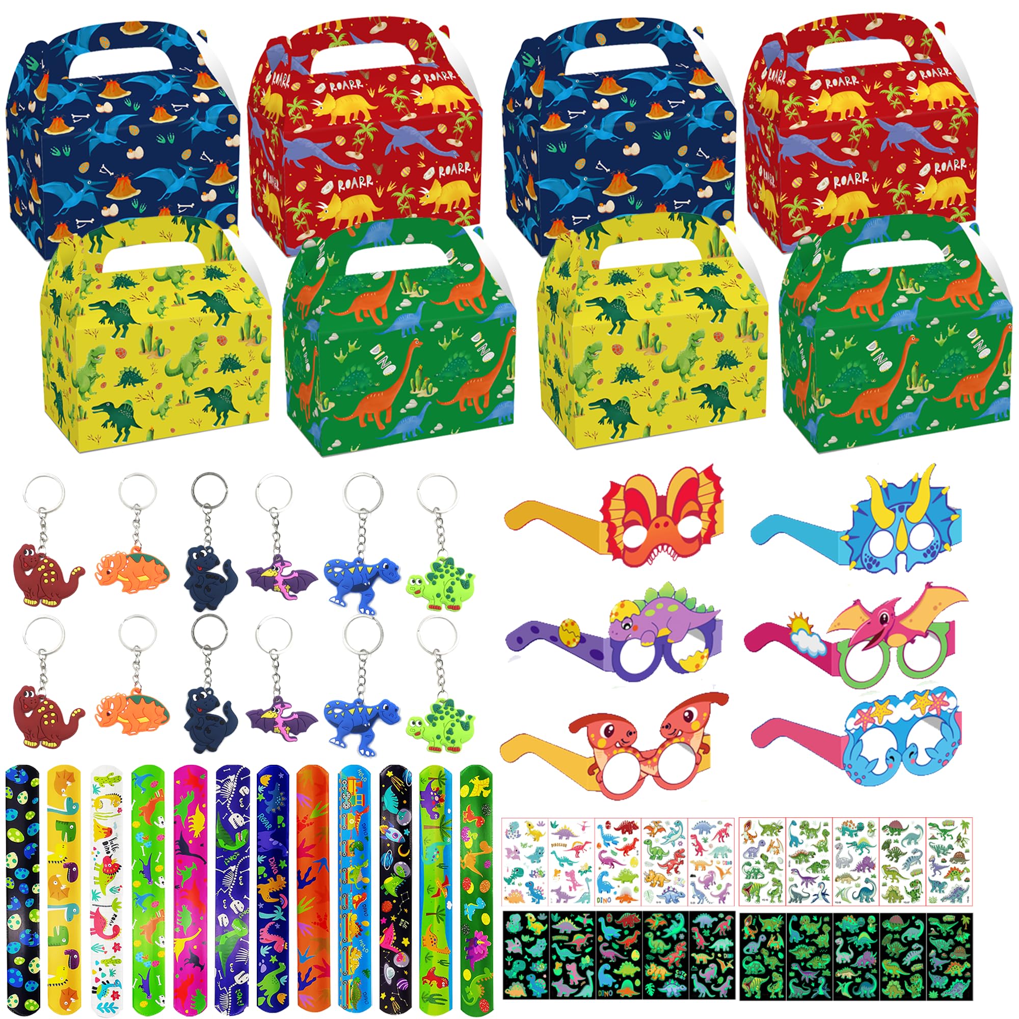 Wylario Dinosaur Party Bags Fillers Kids - 58Pcs Dino Birthday Party Favours Set with Slap Bracelets, Cute glasses Keychains Tattoo Decorations for Boys Girls Birthday Parties Supplies