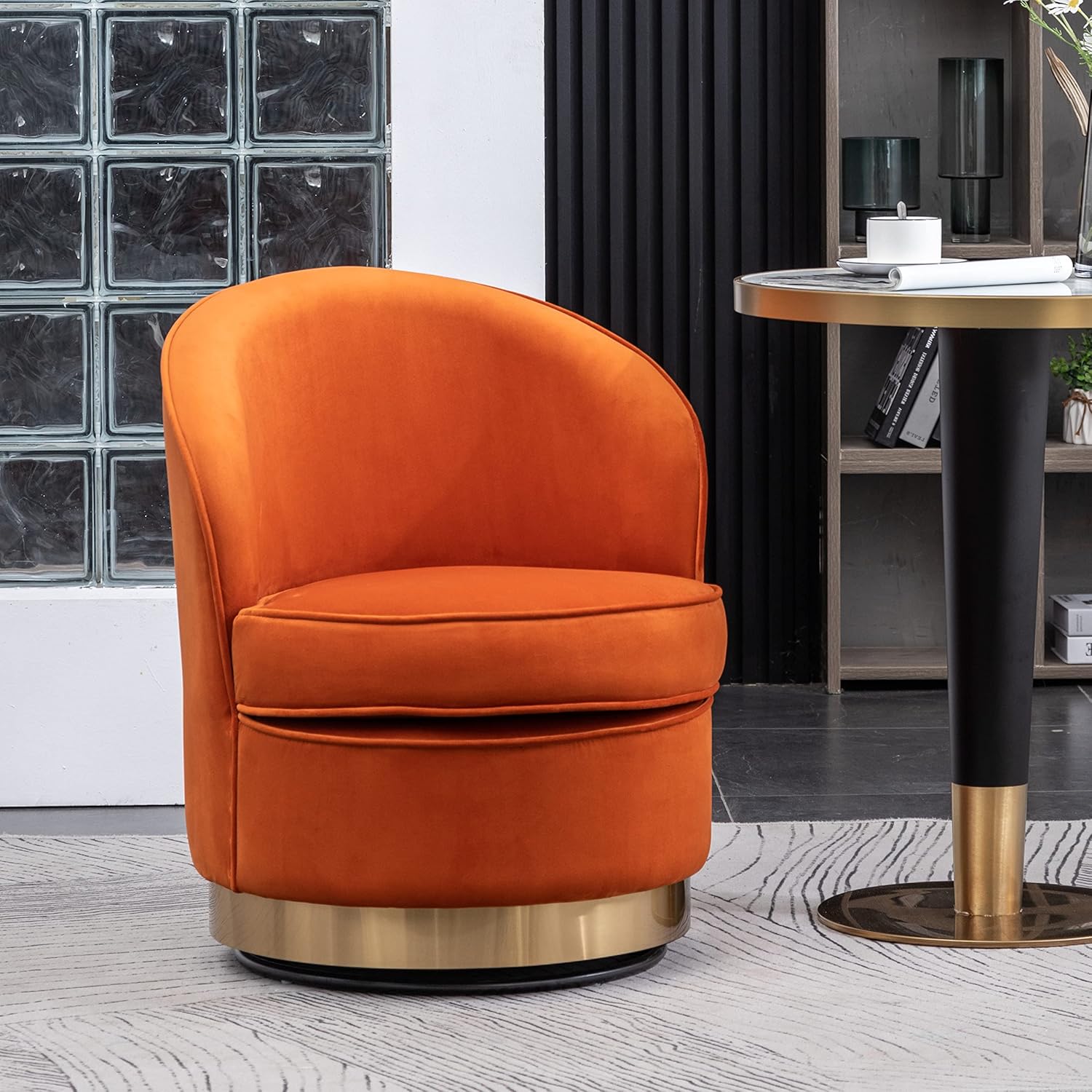 Mondura Contemporary Velvet upholstered Swivel Barrel Chair, Sunset Orange