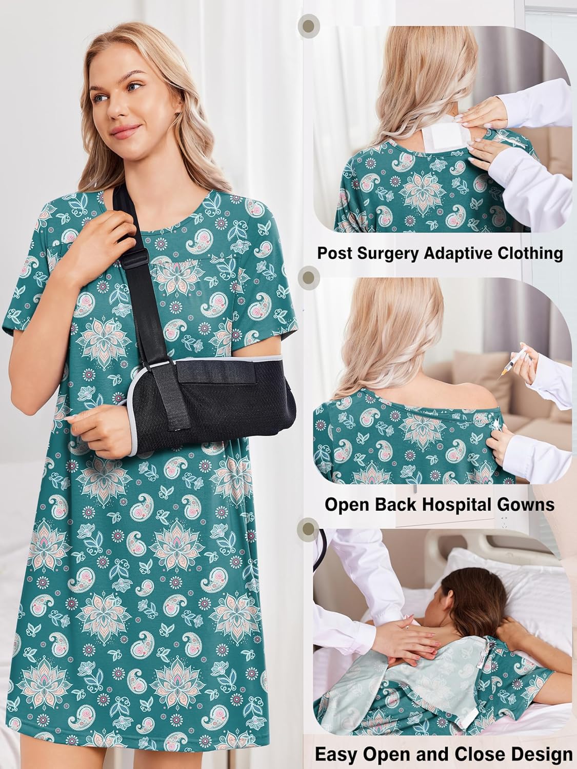 Deyeek Hospital Gowns for Women Tear Away Snap Open Back Dress Post Shoulder Surgery Dresses Soft Adaptive Clothing Nightgown - Image 5