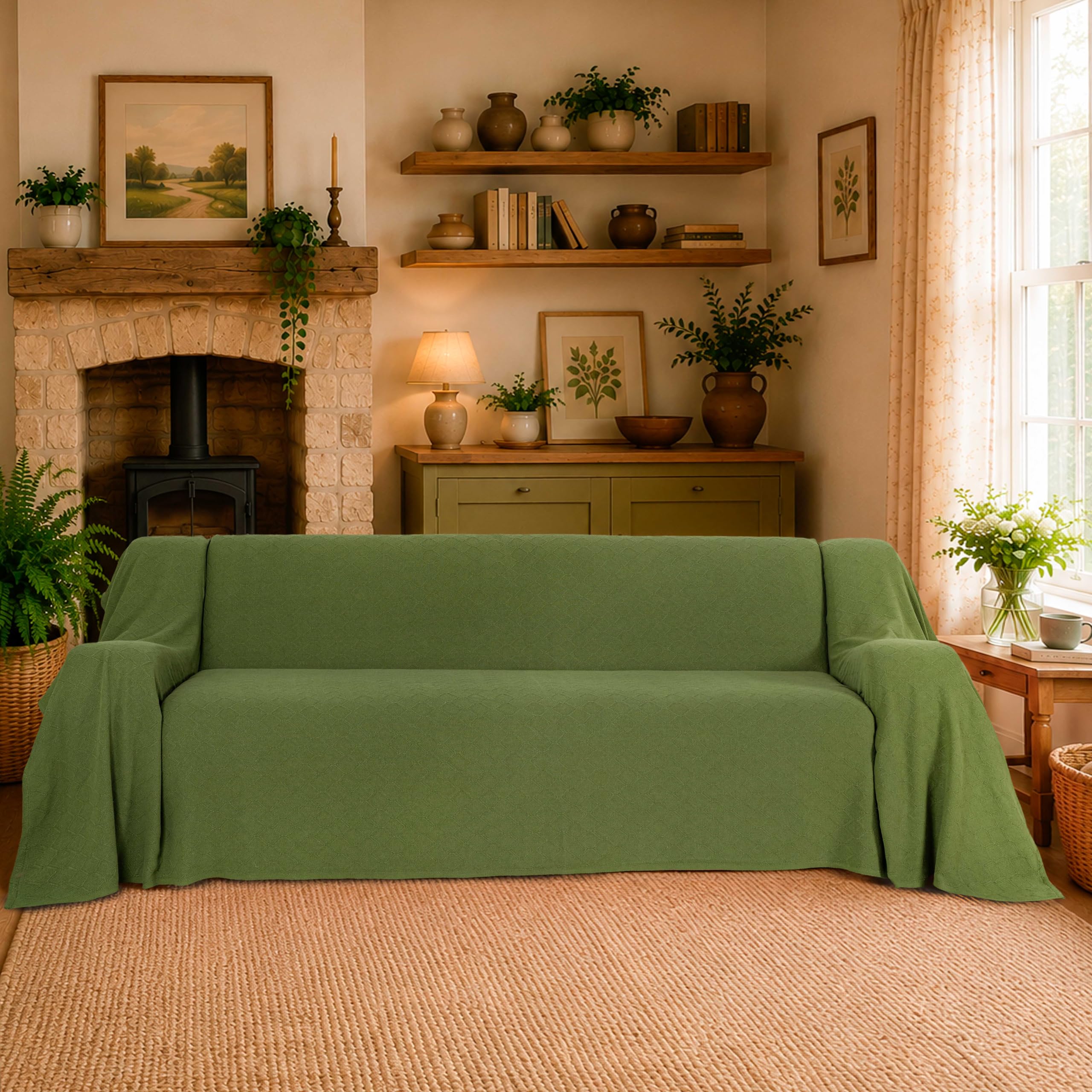 Milam London Sofa Throws Large 3 Seater, Sofa Cover, 180x340cm, Green