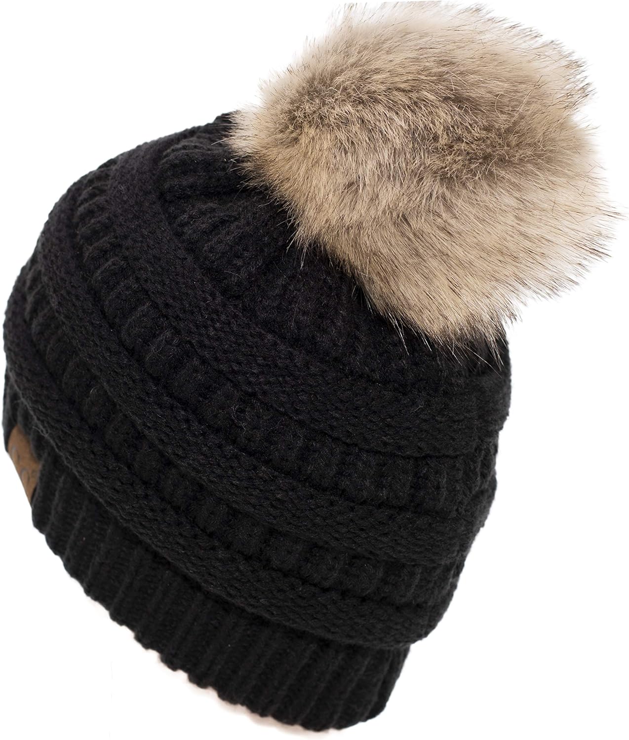 C.C Trendy Fuzzy Fleece Lined Warm Comfortable Soft Stretch Cable Knit Ribbed Faux Fur Pom Pom Beanie Hat - Image 5