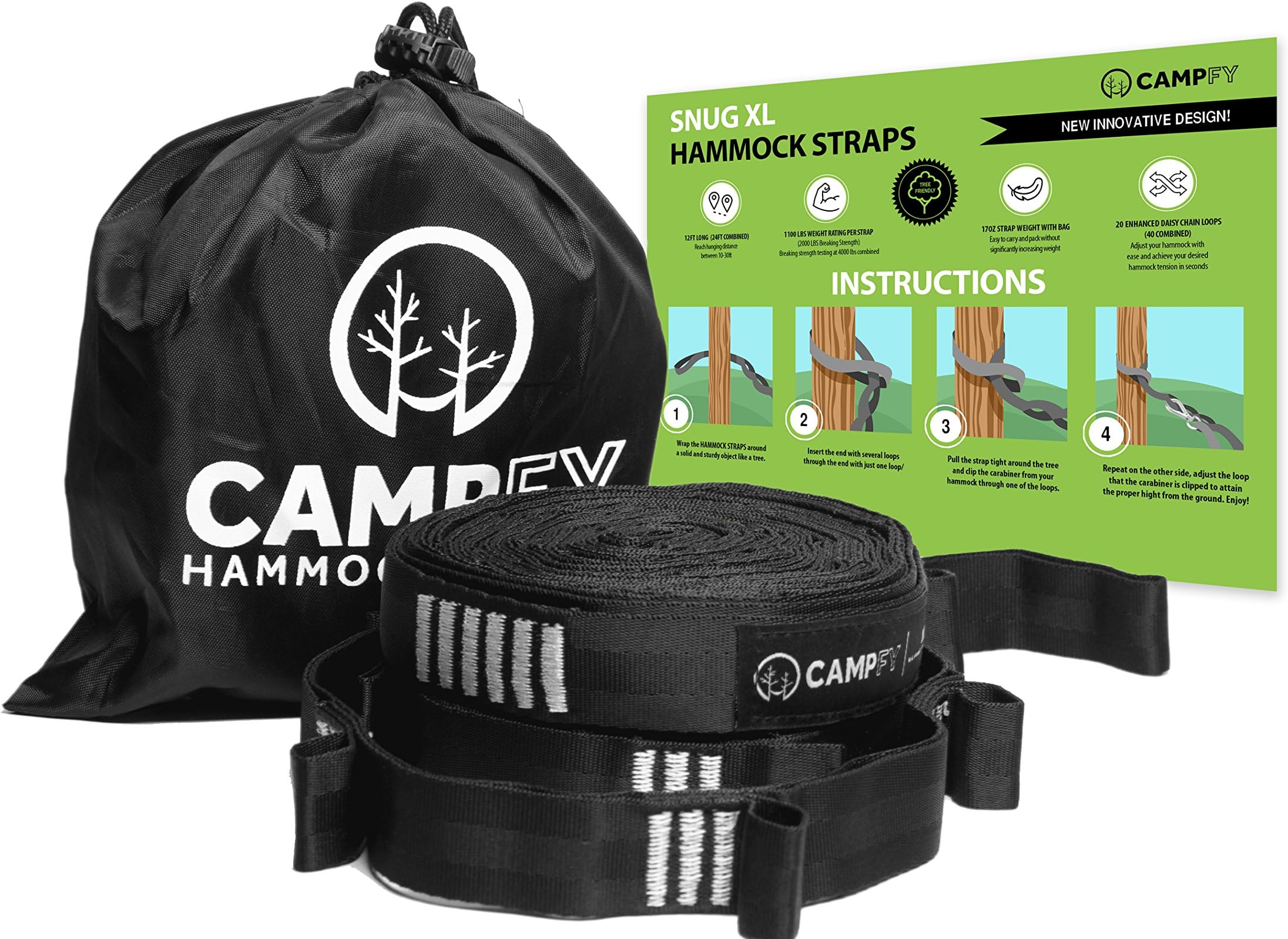 CAMPFY XL Hammock Straps - 2018 Loop System, 3X Stronger, Combined 24FT Long, 40 Loops, 4000 LBS Breaking Strength, Extra Reinforced Triple Stitching, No Stretch Webbing