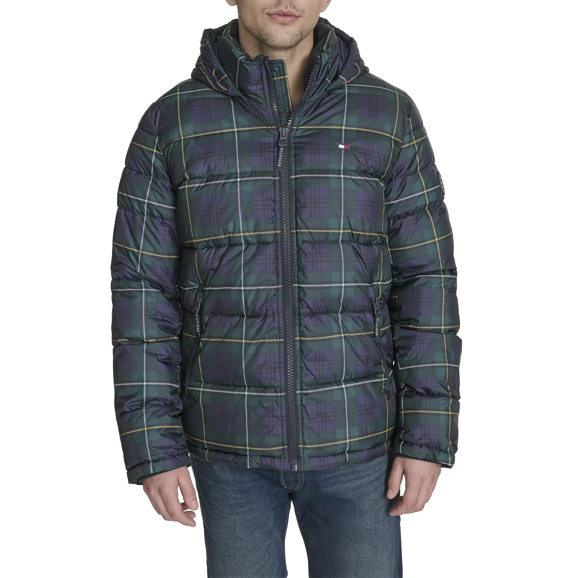 Tommy Hilfiger Men's Navy Plaid Hooded Puffer Jacket, Xl