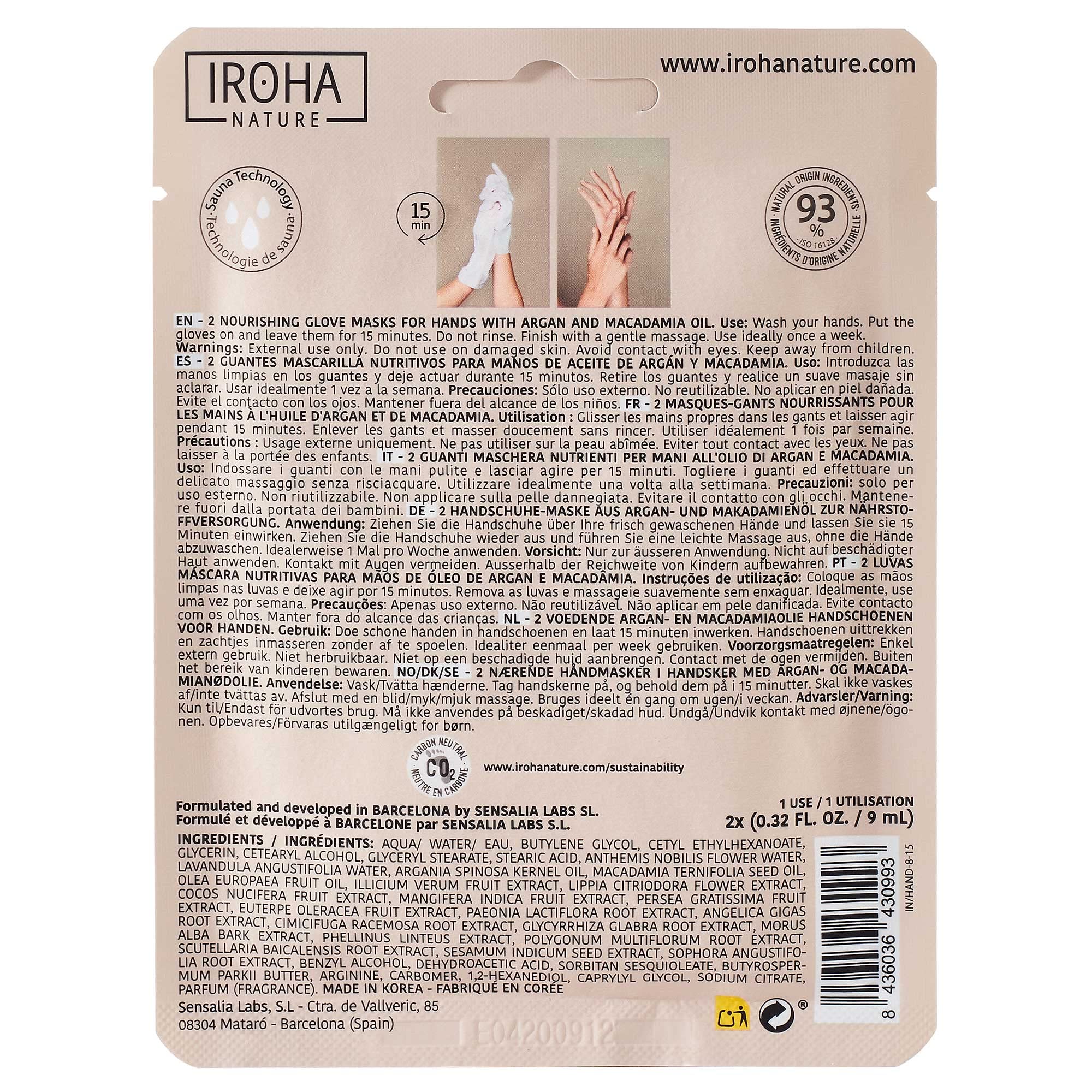 Iroha Nature - Guanti Maschera Nutrienti | Olio di Argan e Macadamia | Nutrizione Intensa per Mani Secche | 93% Ingredienti Naturali | Vegano