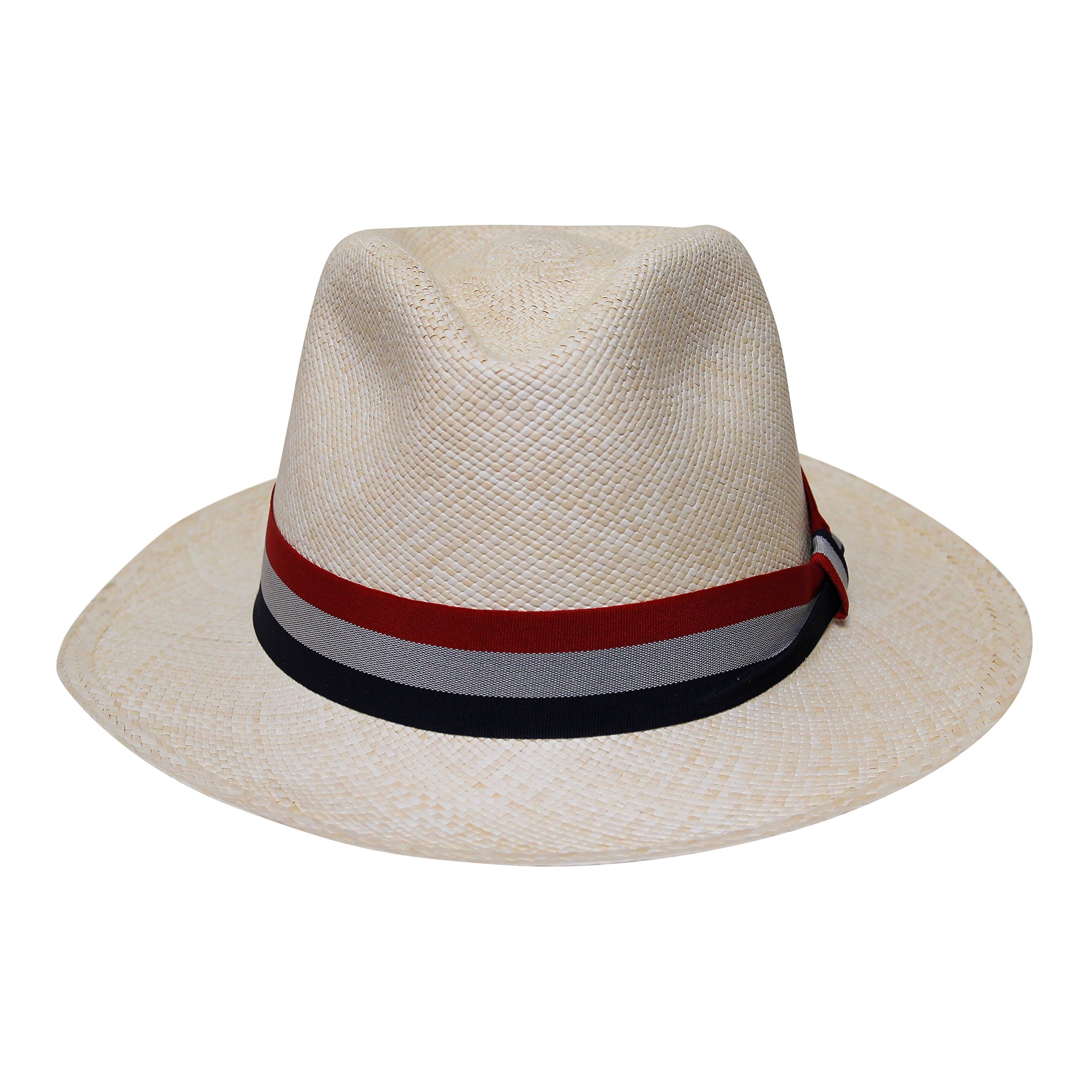 Borges & Scott Men's Natural With Antique Red, White And Blue Band - Teardrop Fedora Panama Hat - Natural Straw With Antique Red, White And Blue Band - 55Cm