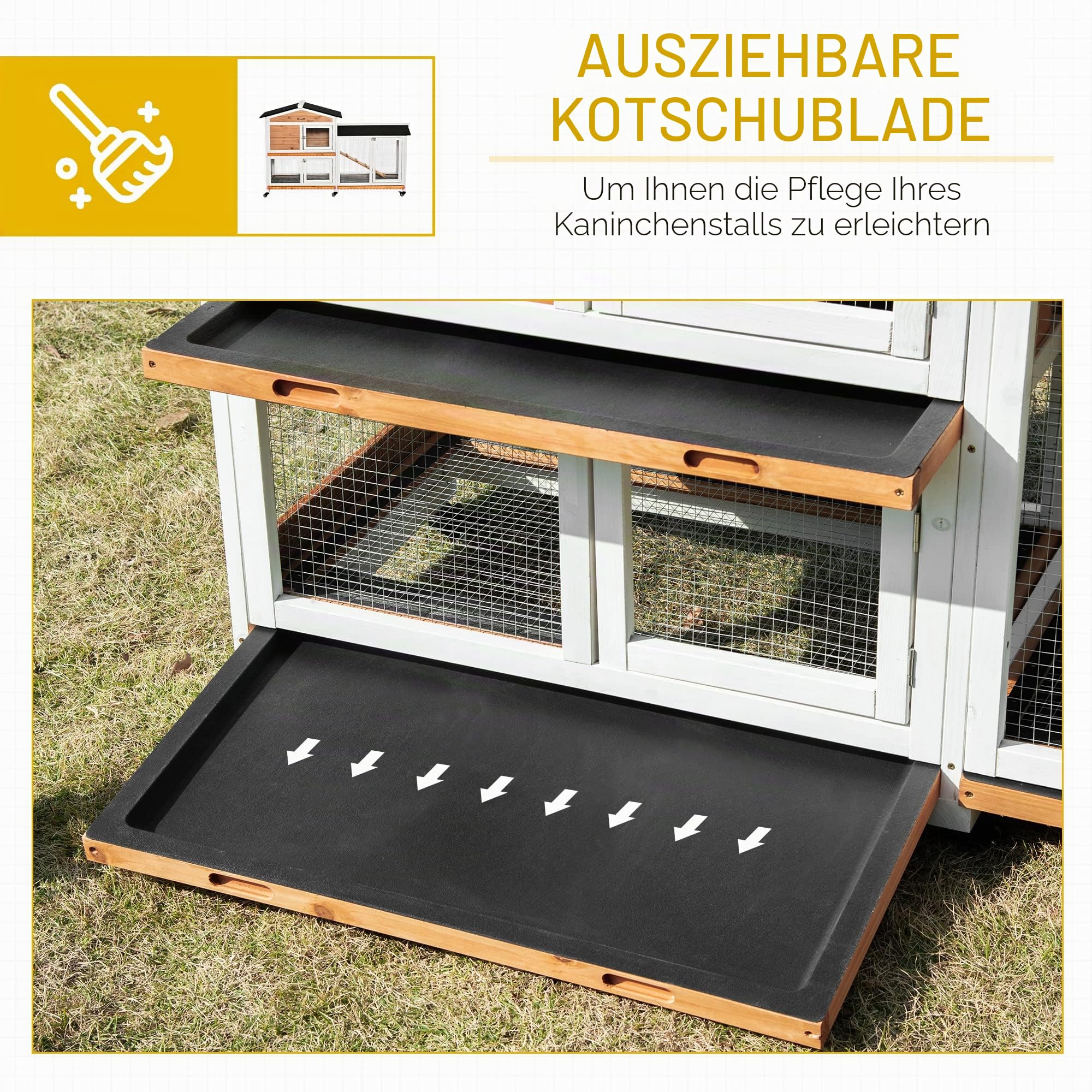 PawHut Kaninchenstall aus Holz für Kaninchen, Kleingehege, Tiere, Villa, für Kaninchen, auf Rollen, 2 Etagen, 3 verschiebbare Ablagen, 157,4 x 53 x 99,5 cm, Gelb